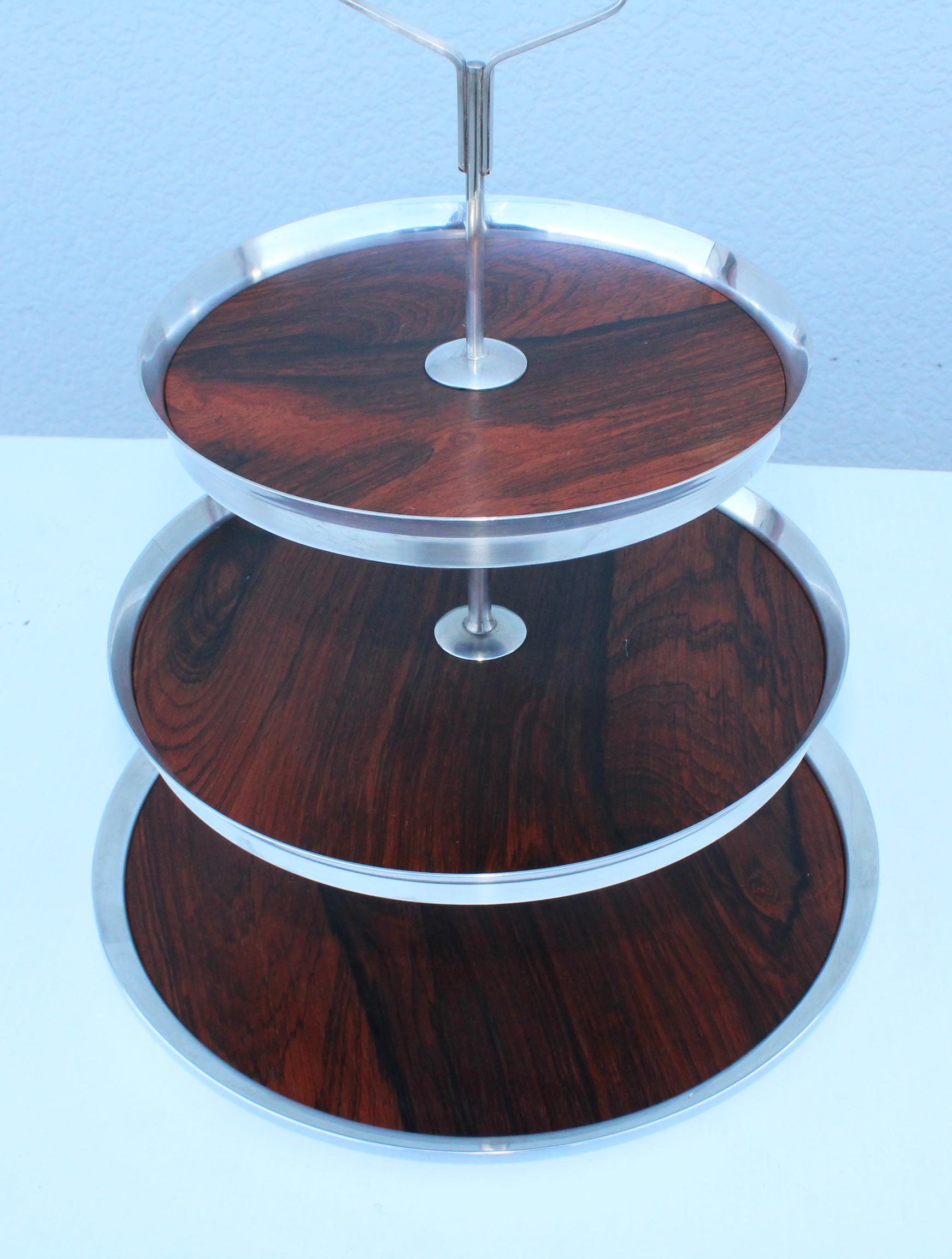 1950s modern 3-tier silver plate and rosewood cake stand from Denmark.