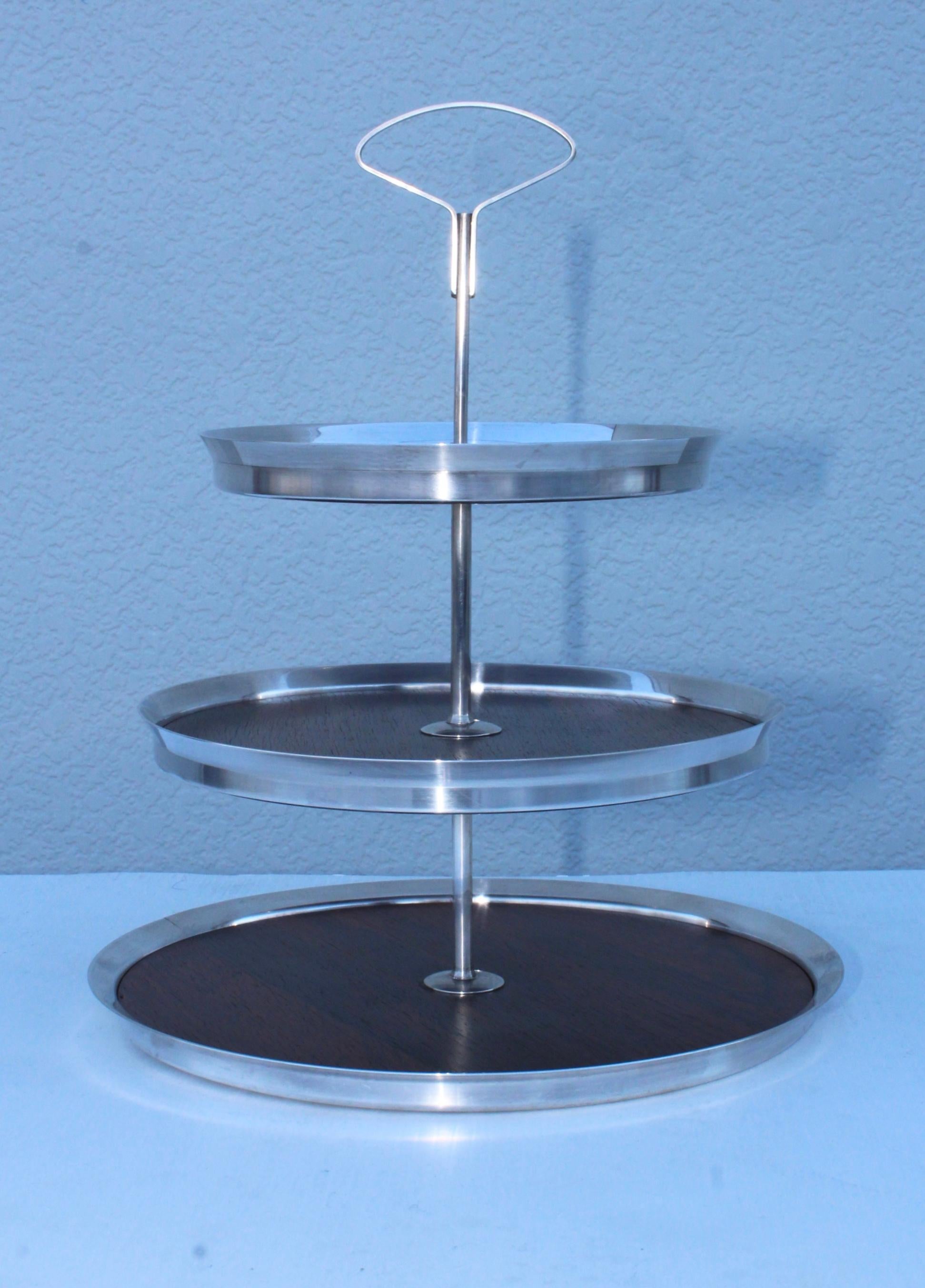 1950s Danish Silver Plate and Rosewood Three-Tier Cake Stand In Good Condition In New York, NY