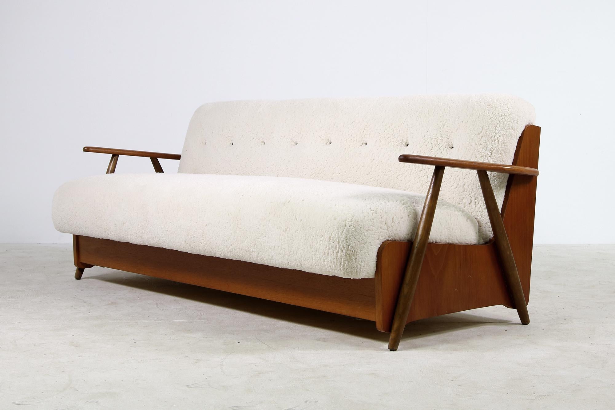 Mid-Century Modern 1950s Danish Sofa Extendable Daybed, Pine & Beechwood, Faux Fur Sheepskin Teak B