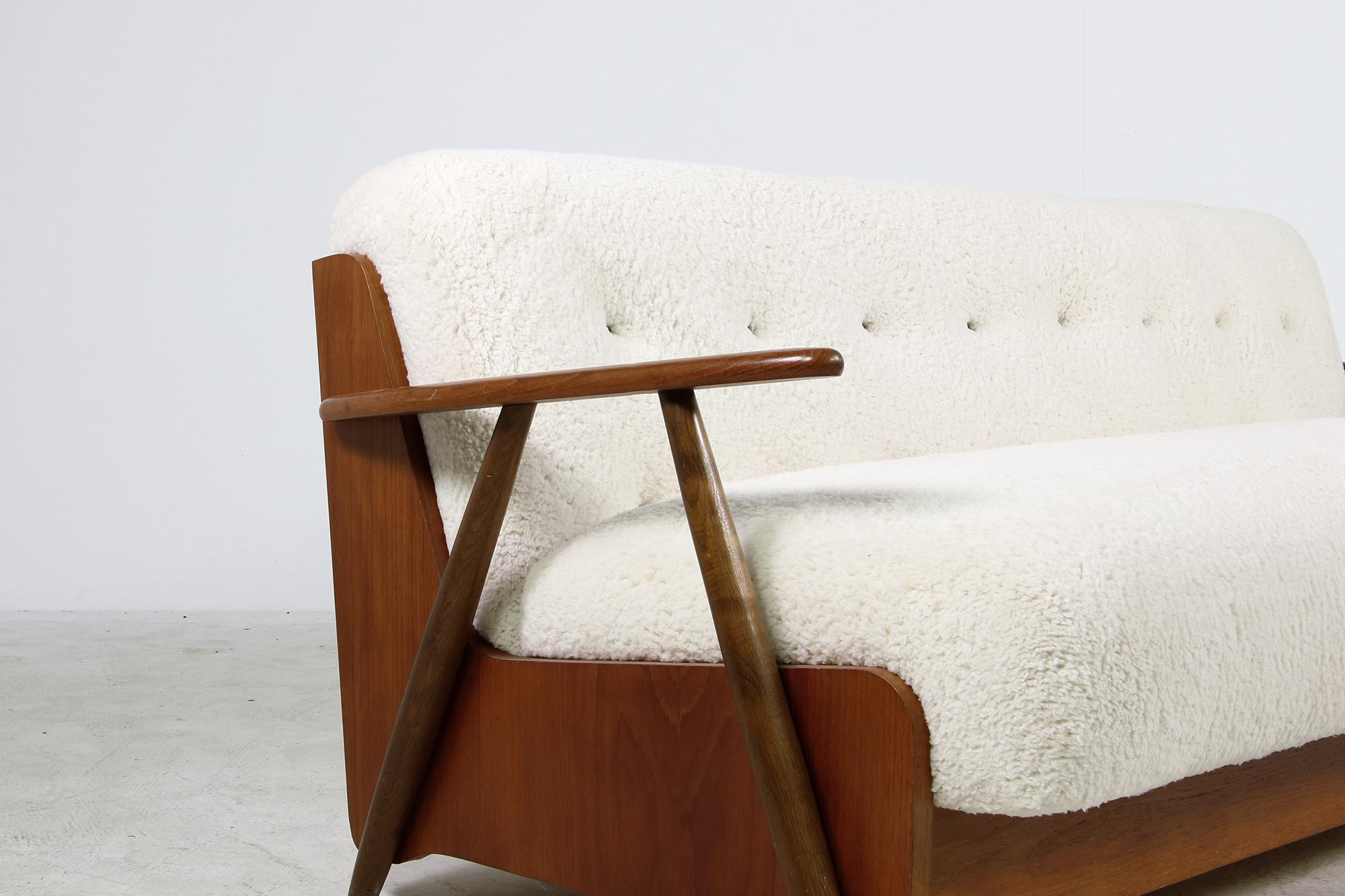 1950s Danish Sofa Extendable Daybed, Pine & Beechwood, Faux Fur Sheepskin Teak B 1