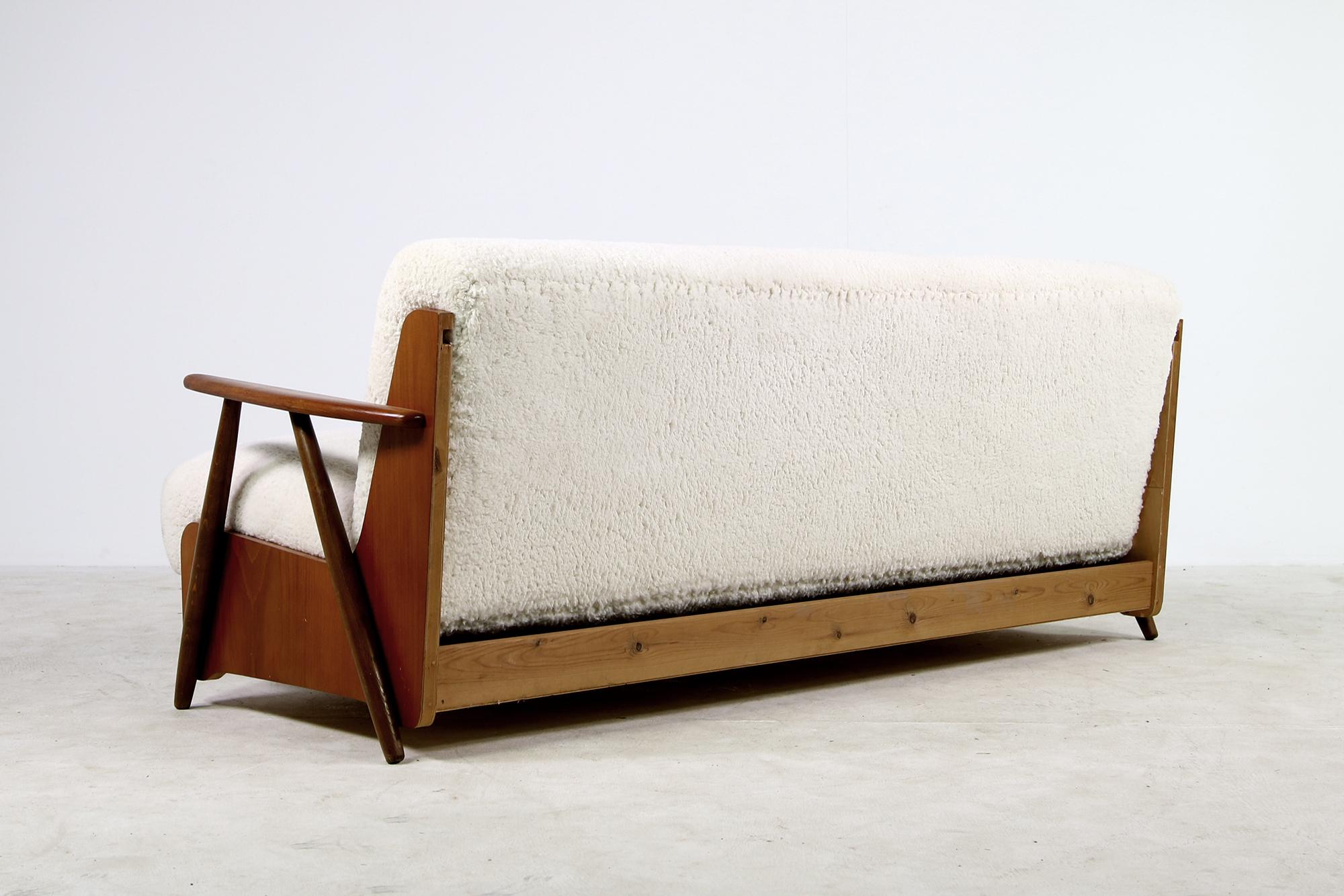 1950s Danish Sofa Extendable Daybed, Pine & Beechwood, Faux Fur Sheepskin Teak B 2