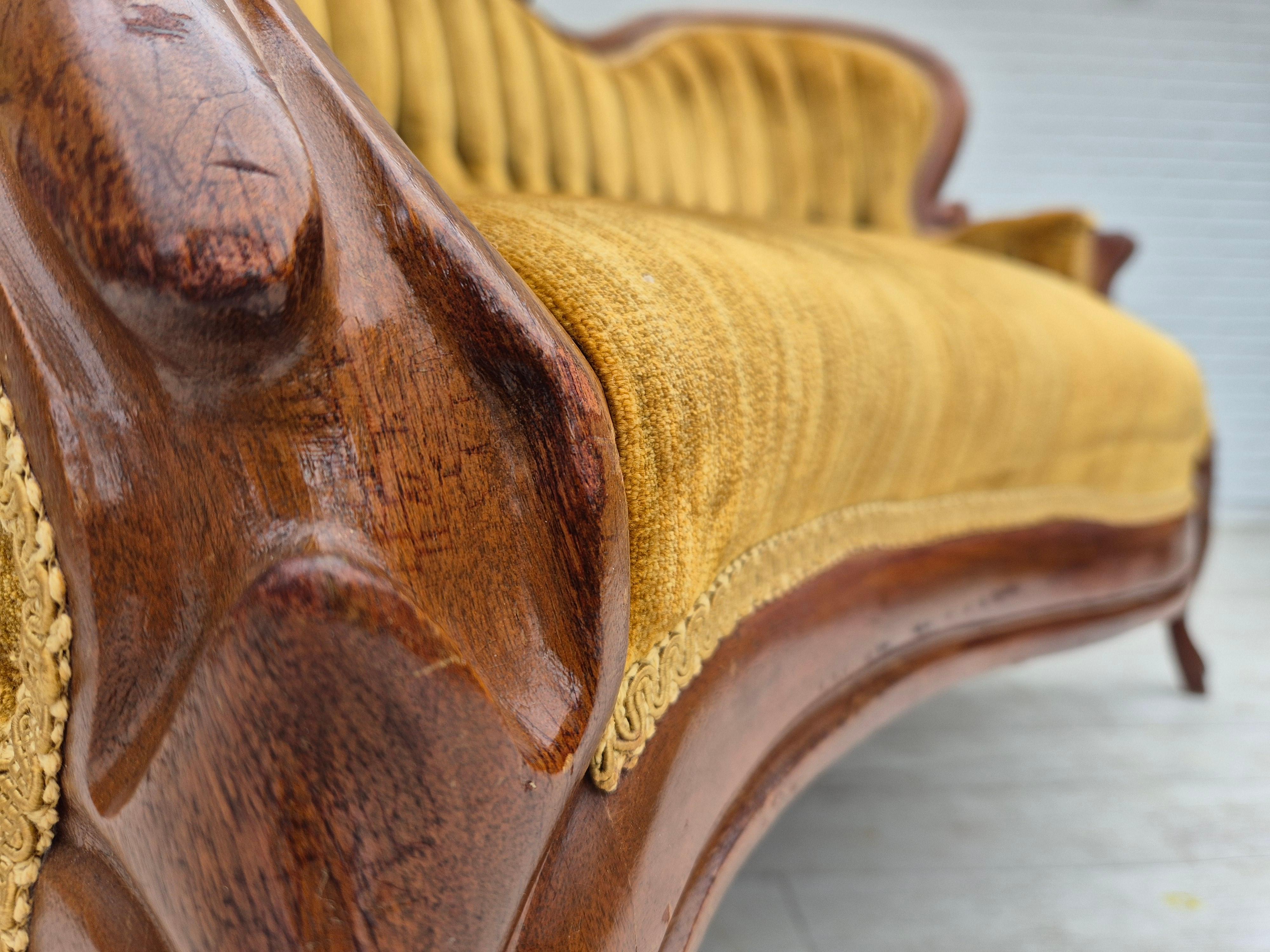 1950s, Danish sofa, vintage furniture velour, very good condition, mahogany wood 14