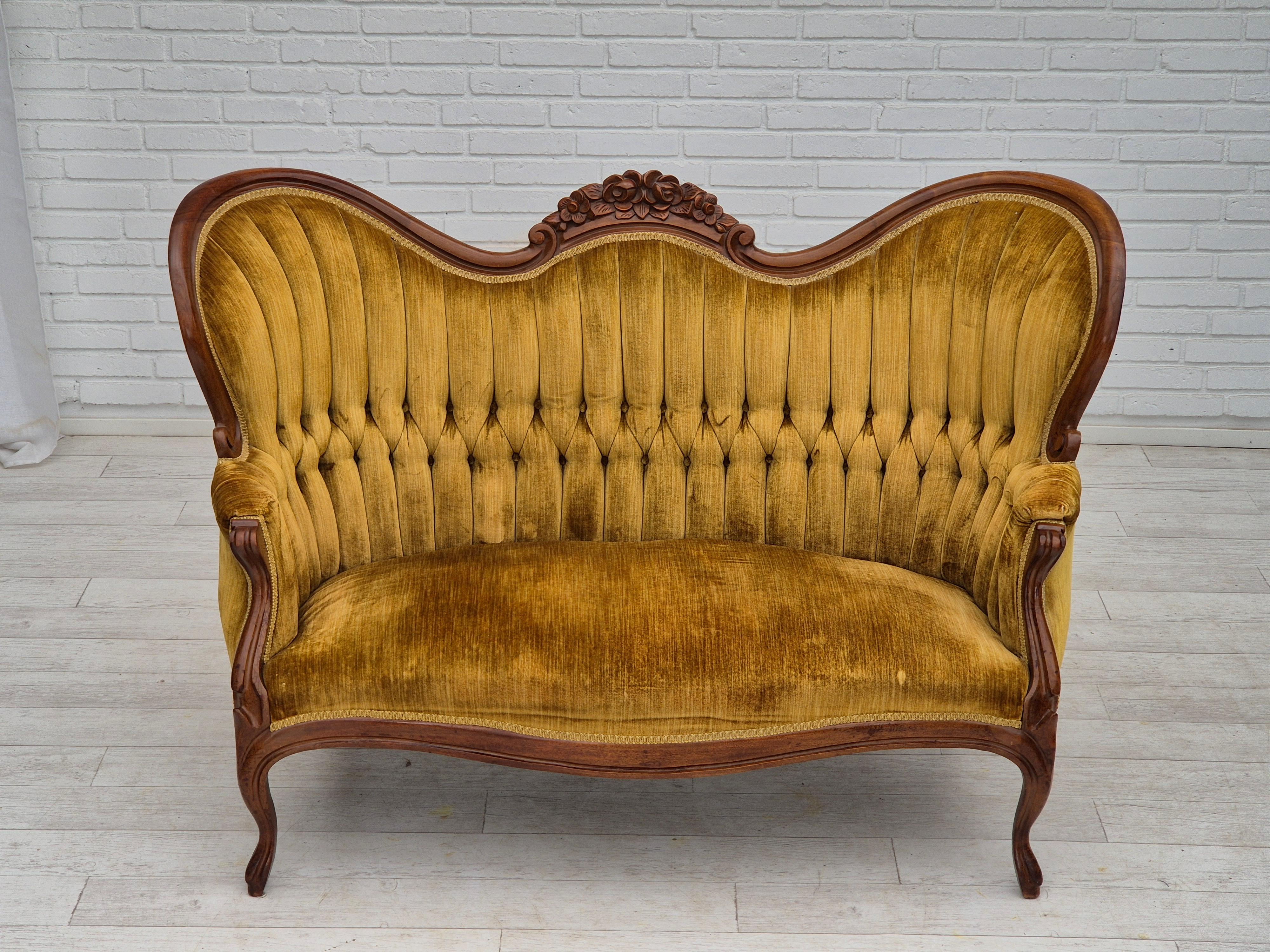 Rococo 1950s, Danish sofa, vintage furniture velour, very good condition, mahogany wood
