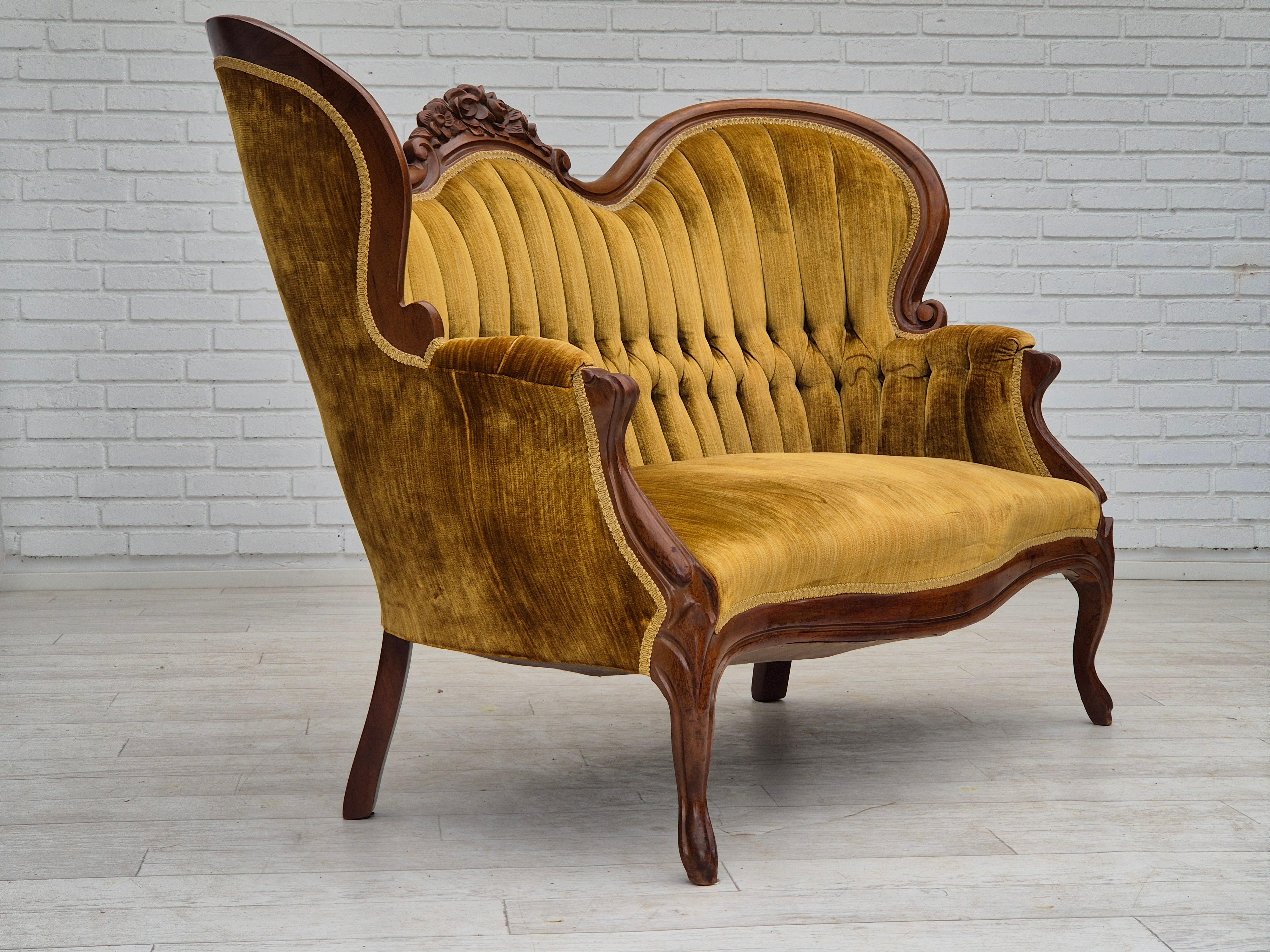 1950s, Danish sofa, vintage furniture velour, very good condition, mahogany wood In Good Condition In Tarm, 82