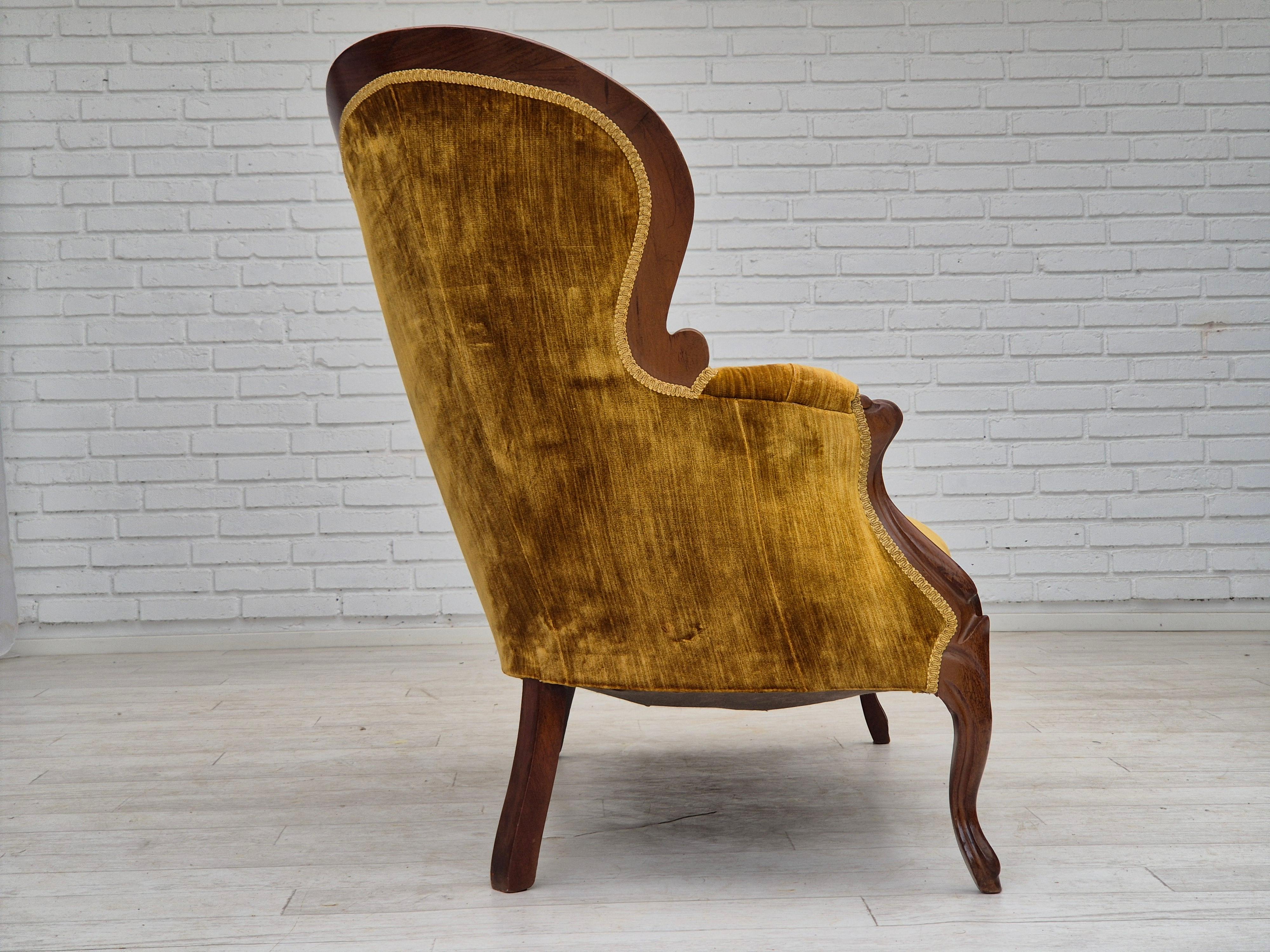 Mid-20th Century 1950s, Danish sofa, vintage furniture velour, very good condition, mahogany wood