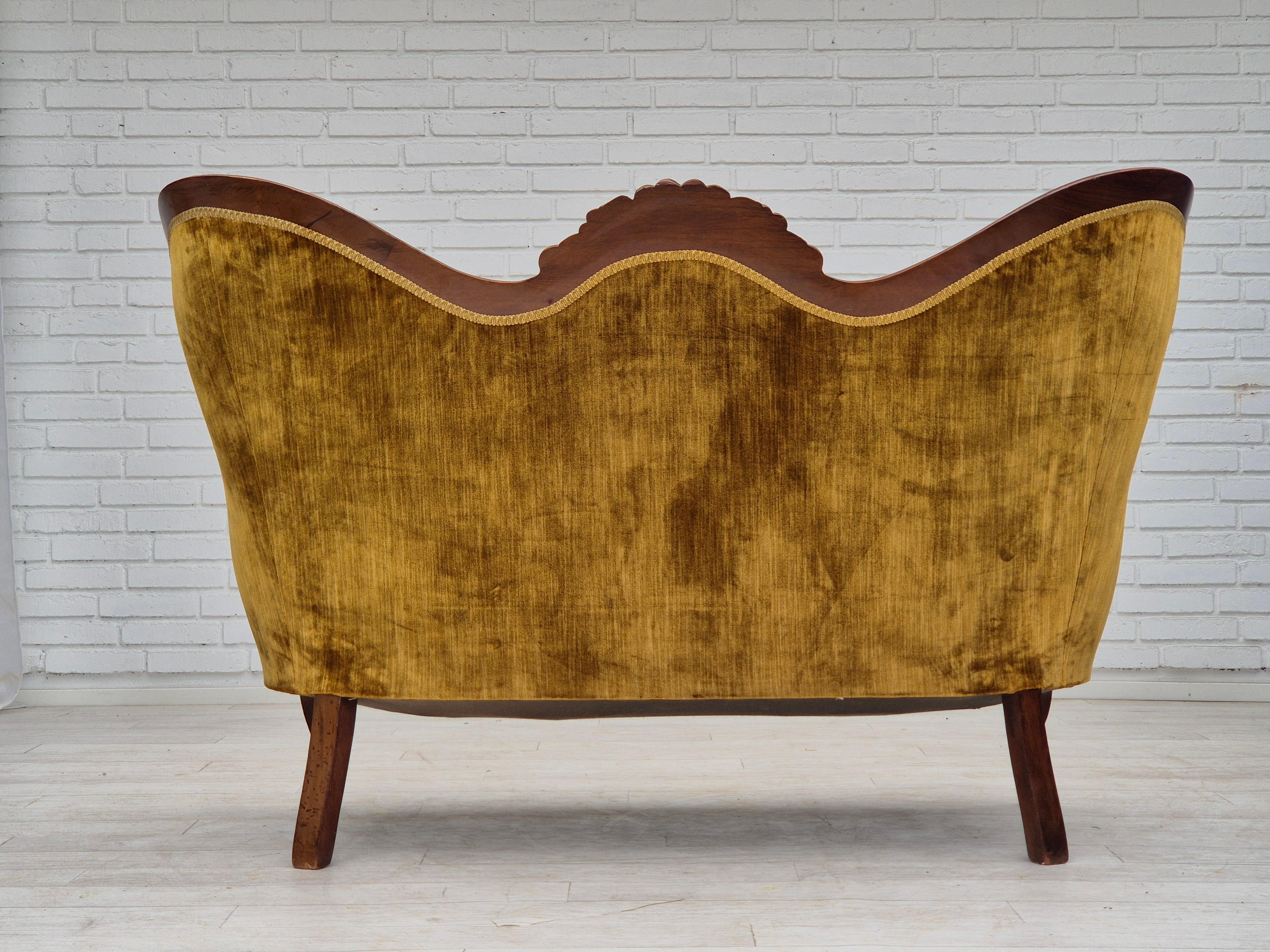 1950s, Danish sofa, vintage furniture velour, very good condition, mahogany wood 1