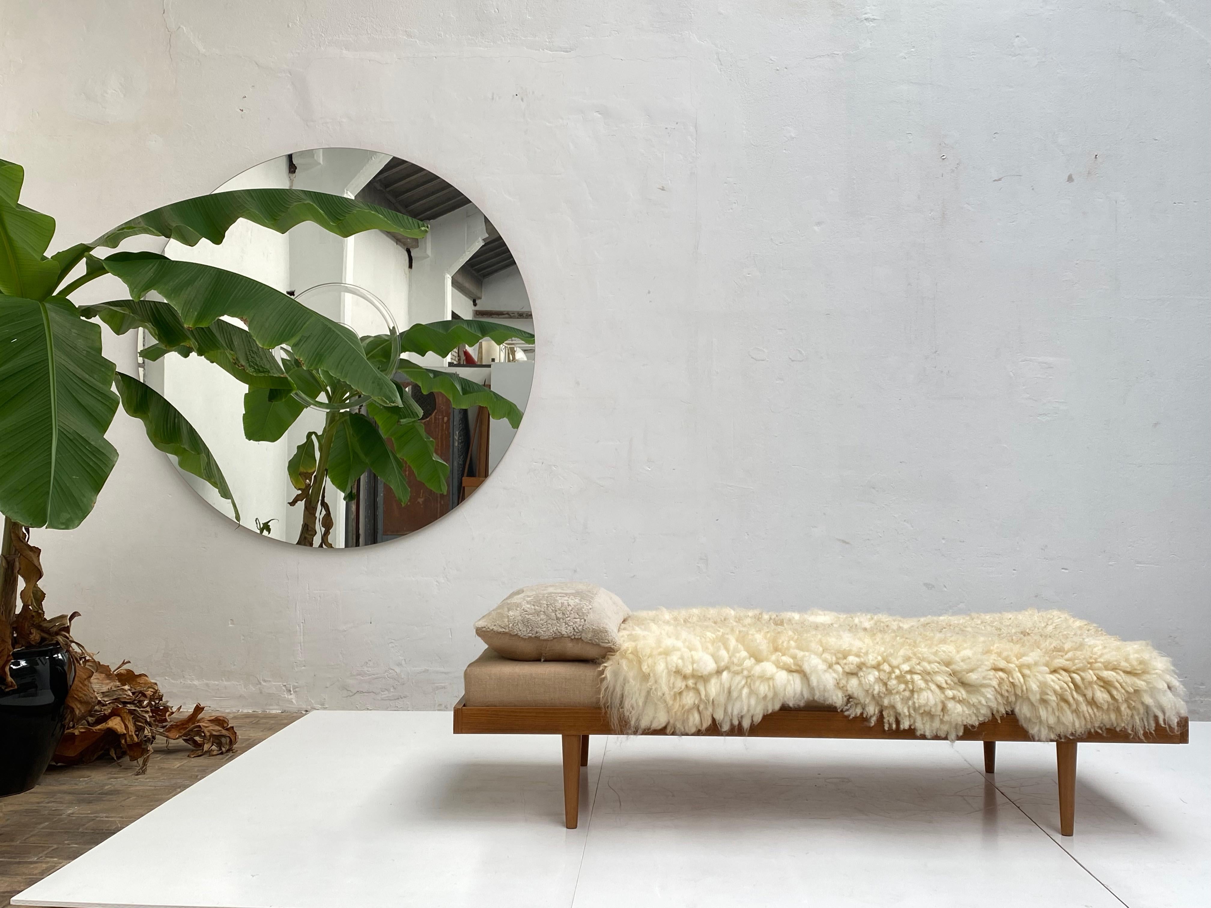 Sheepskin 1950's Danish Teak Daybed with Felted Wensleydale Texel Sheep Wool & Raw Cotton