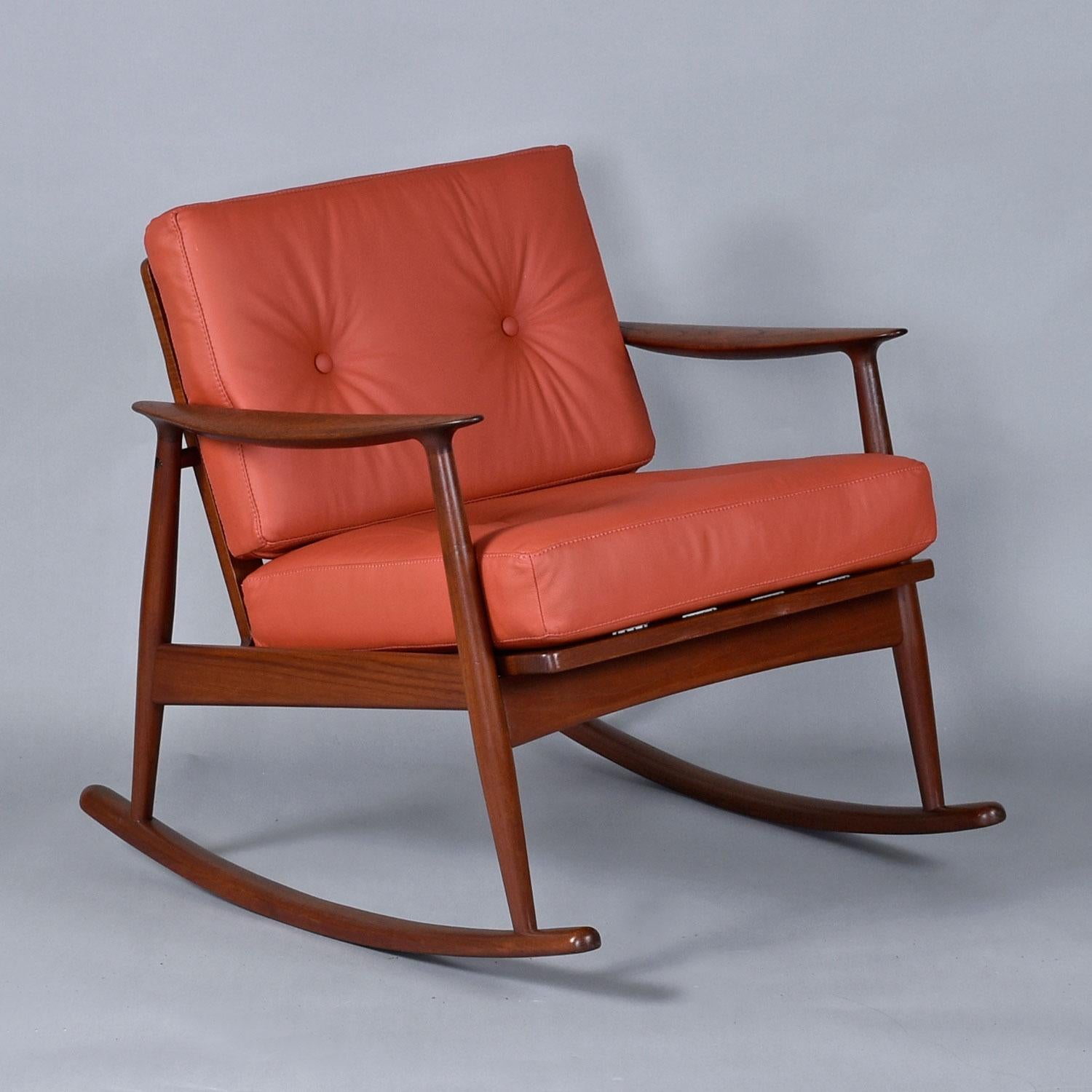 Mid-Century Modern 1950's Danish Teak Rocking Chair in Terra Cotta Leather by Moreddi For Sale