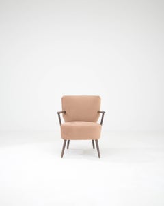 Mid-Century Danish Upholstered Armchair, Peach Fabric, Wood Arms, 1950