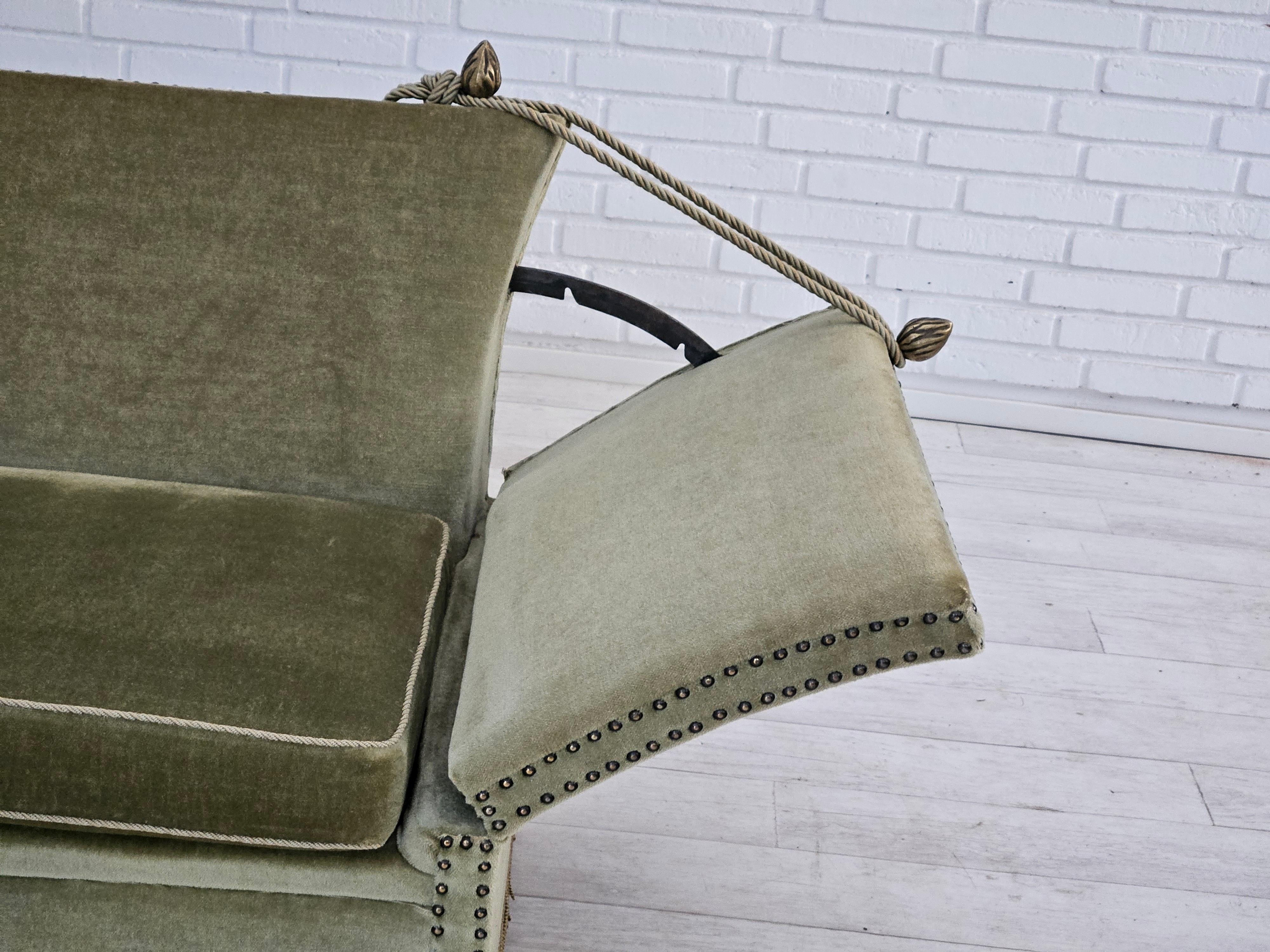 1950s, Danish velour 2 seater drop-arm sofa, original good condition. 1