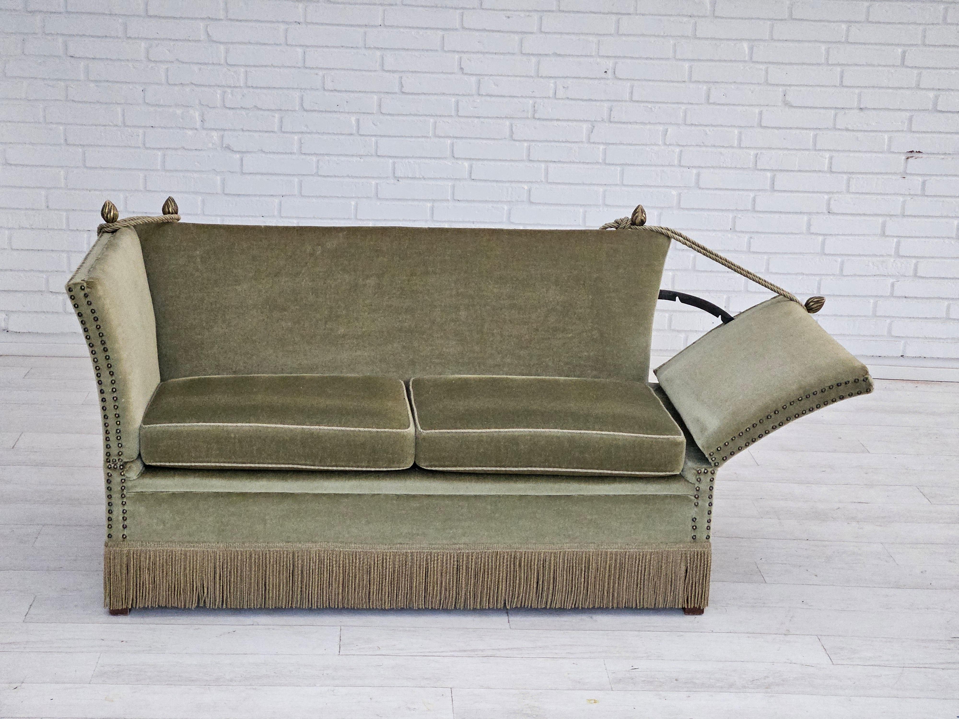 1950s, Danish velour 2 seater drop-arm sofa, original good condition. 2