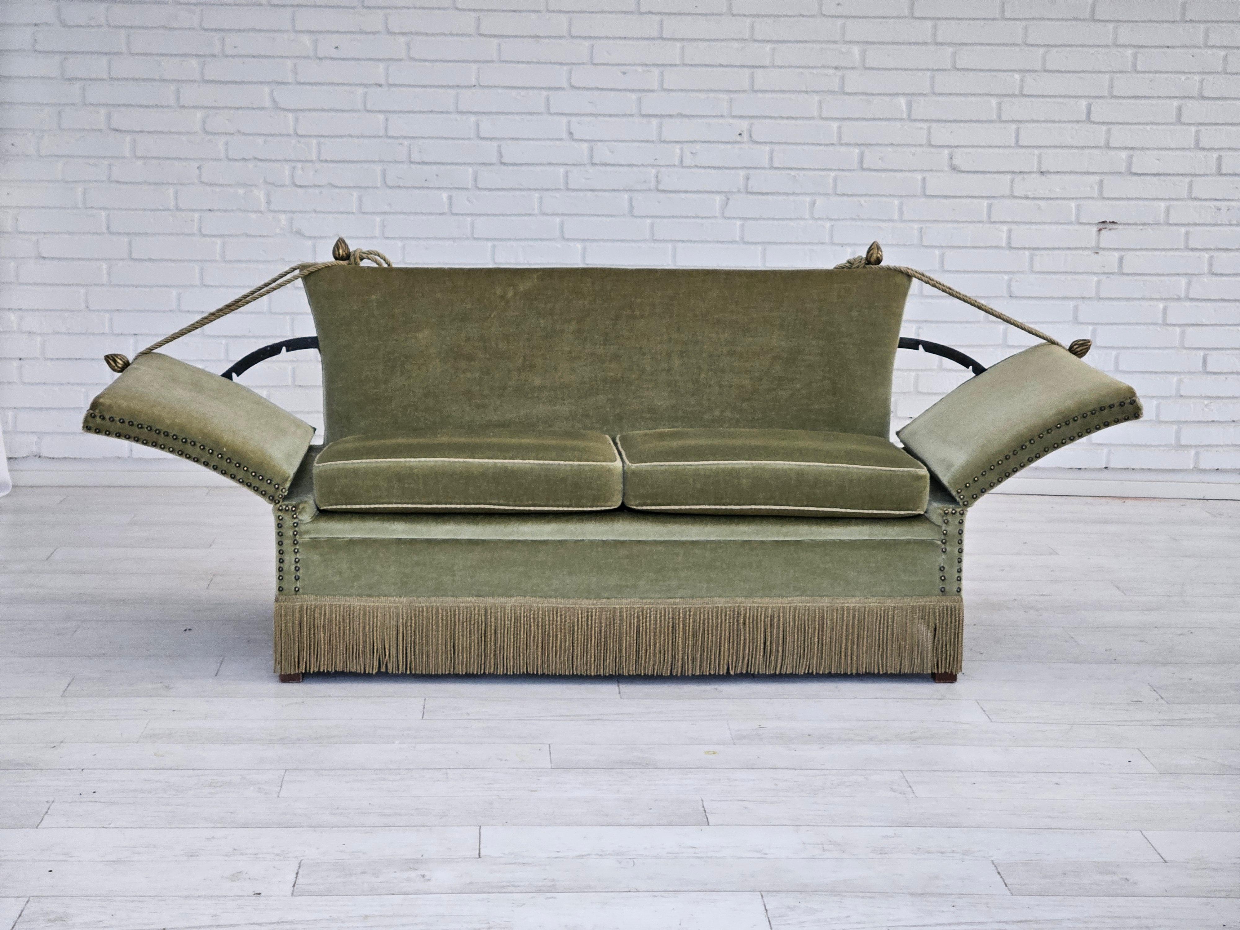 1950s, Danish velour 2 seater drop-arm sofa, original good condition. 3
