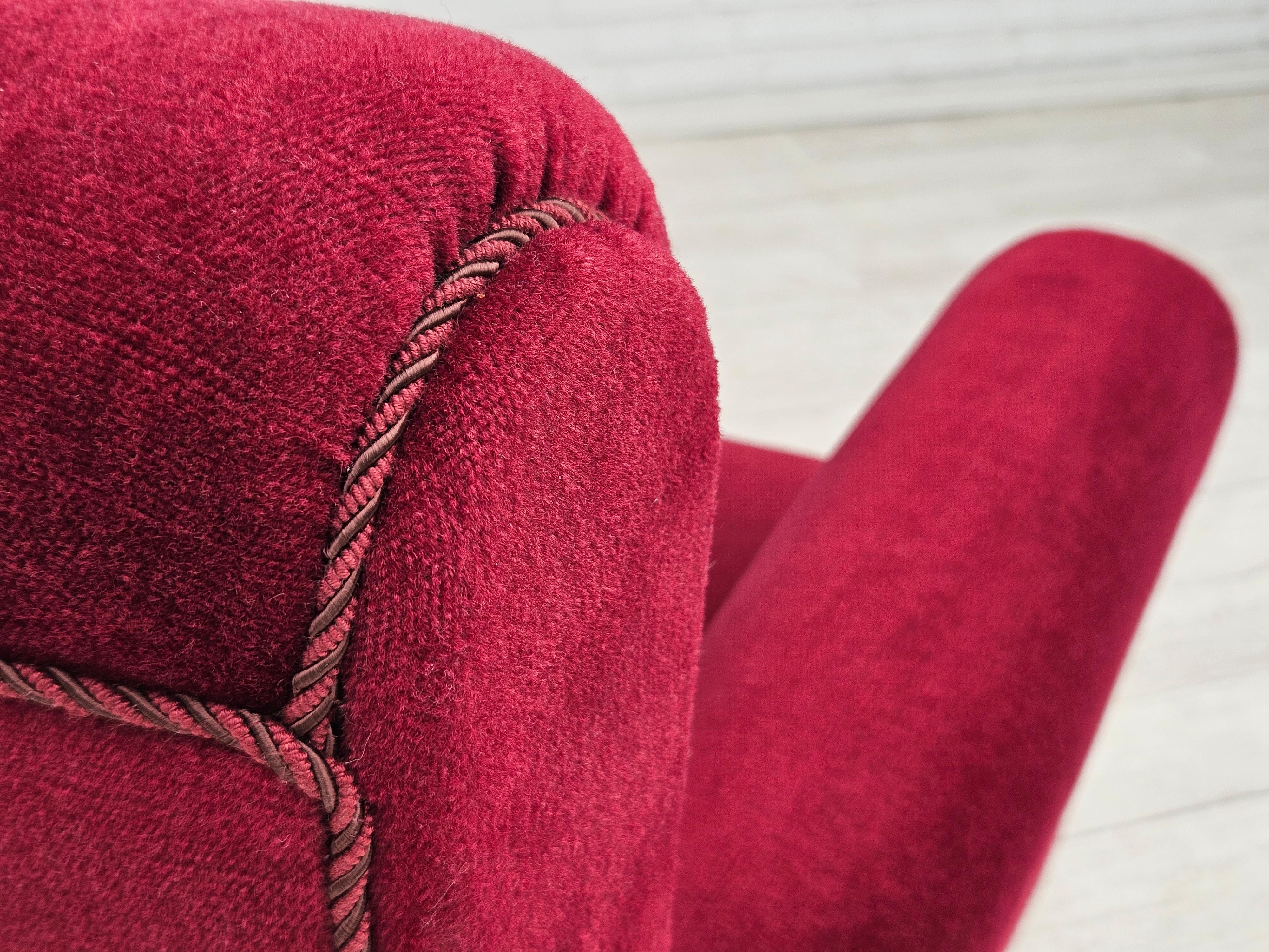 1950s, Danish vintage armchair in cherry-red velvet, original condition. 4