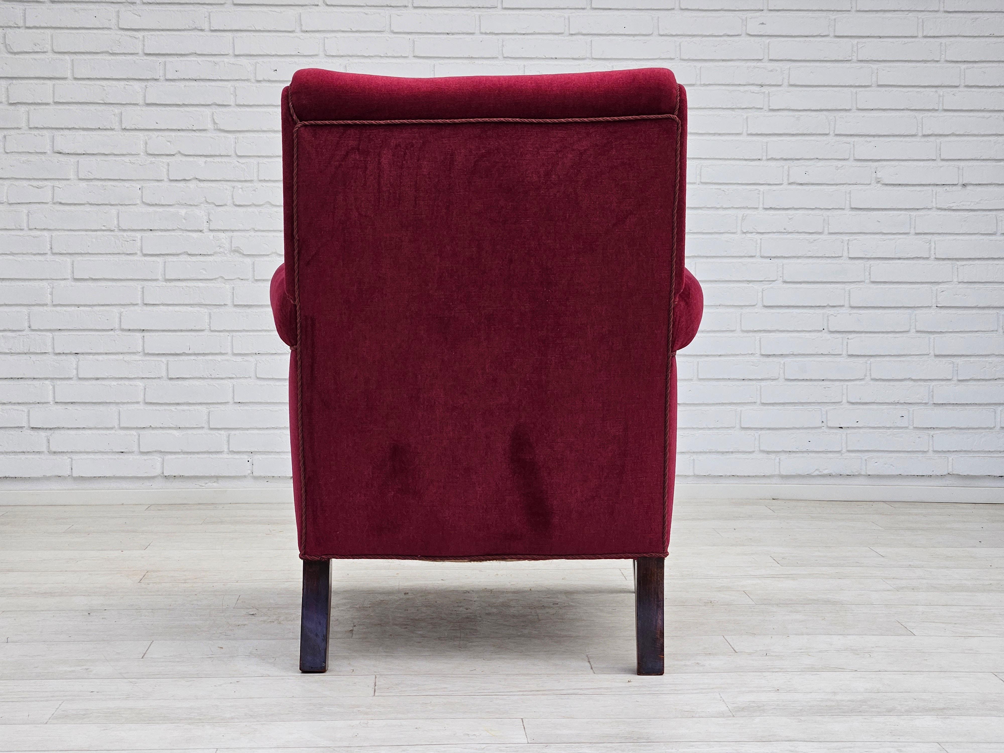 1950s, Danish vintage armchair in cherry-red velvet, original condition. 5
