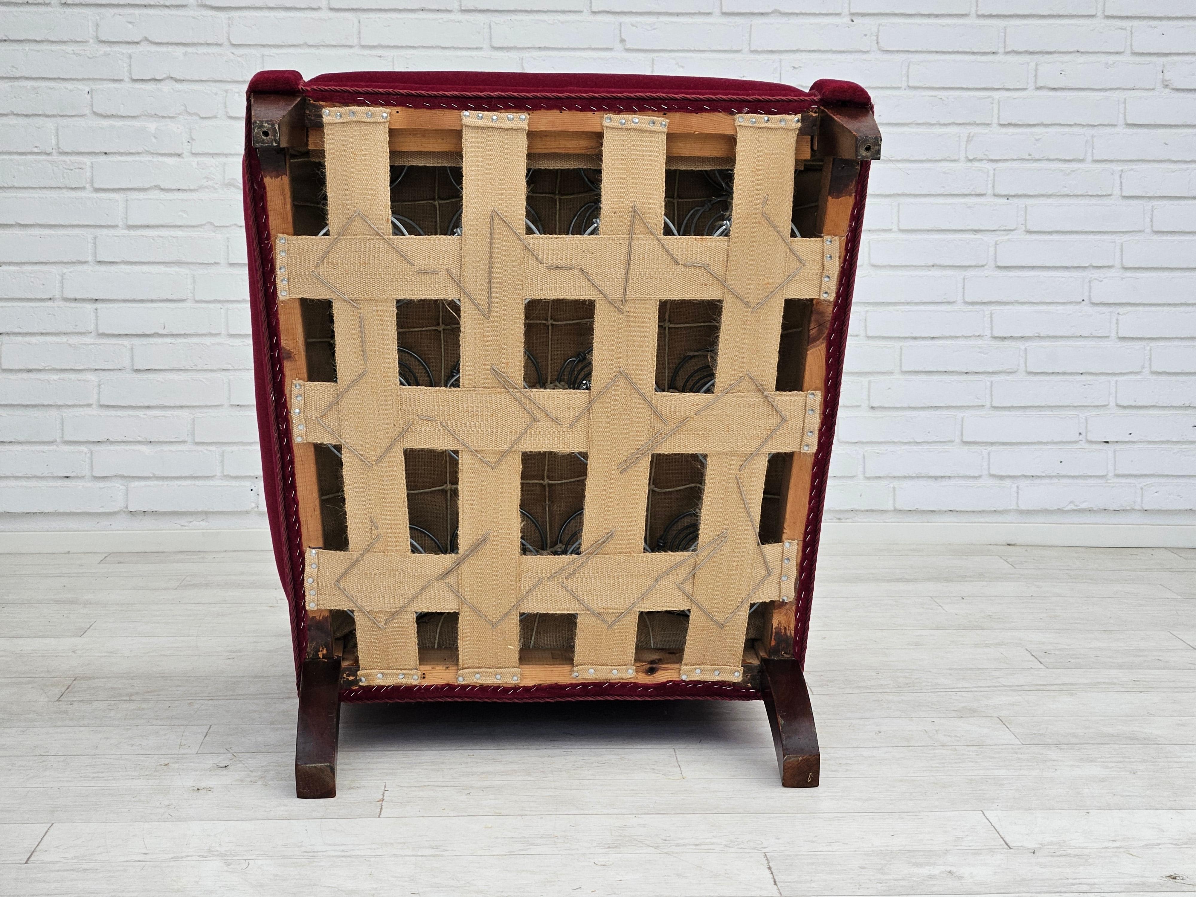1950s, Danish vintage armchair in cherry-red velvet, original condition. 9