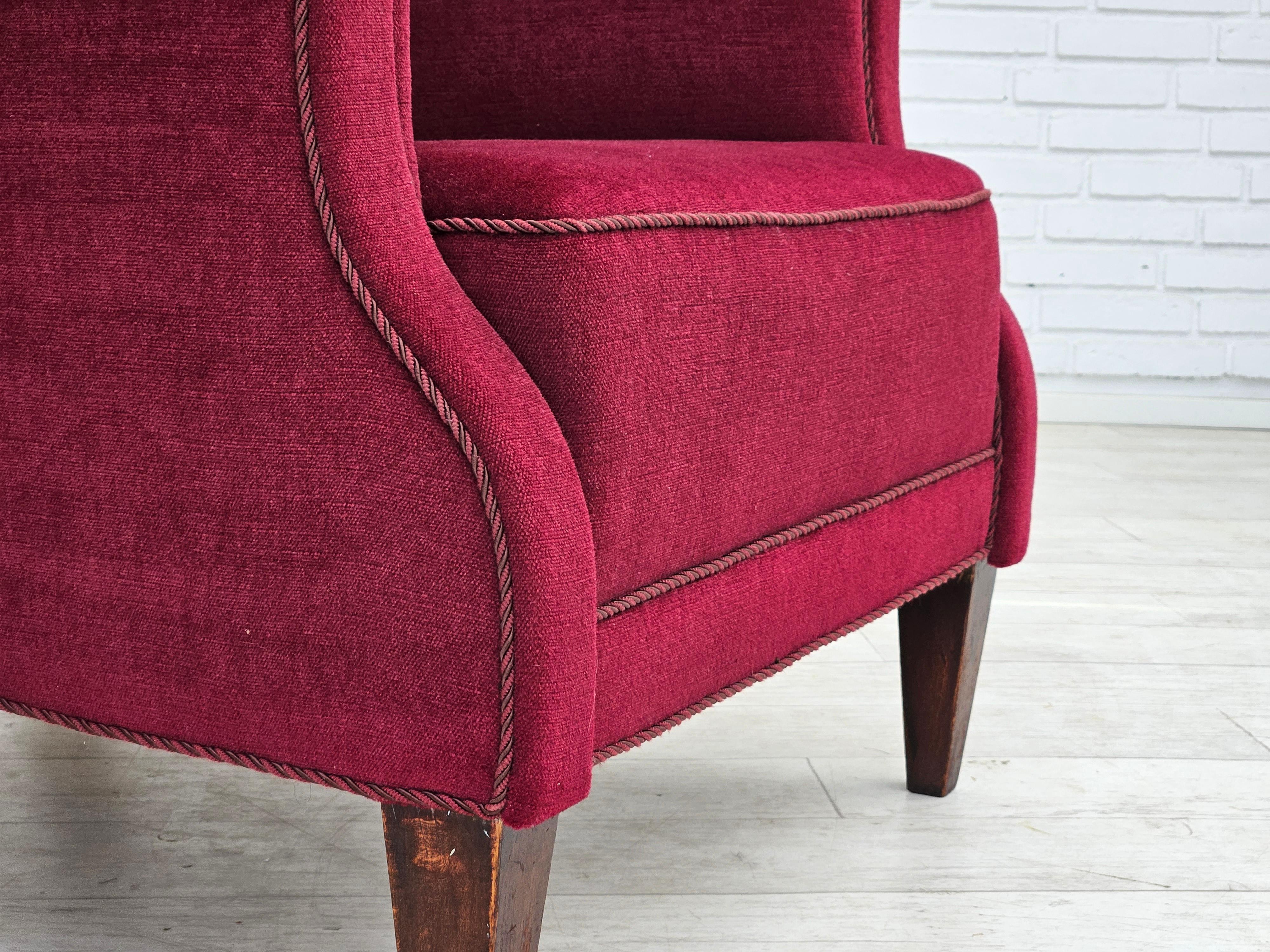 Scandinavian Modern 1950s, Danish vintage armchair in cherry-red velvet, original condition.
