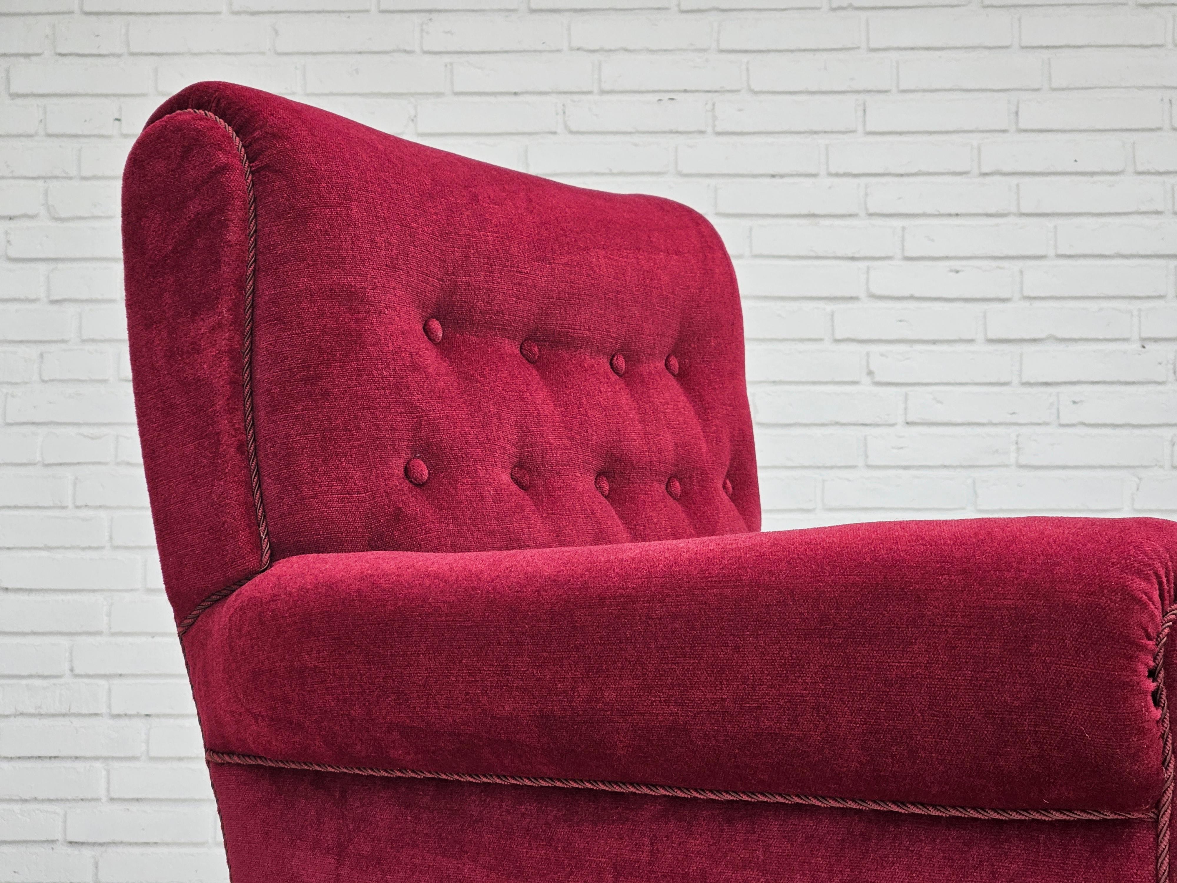 Mid-20th Century 1950s, Danish vintage armchair in cherry-red velvet, original condition.
