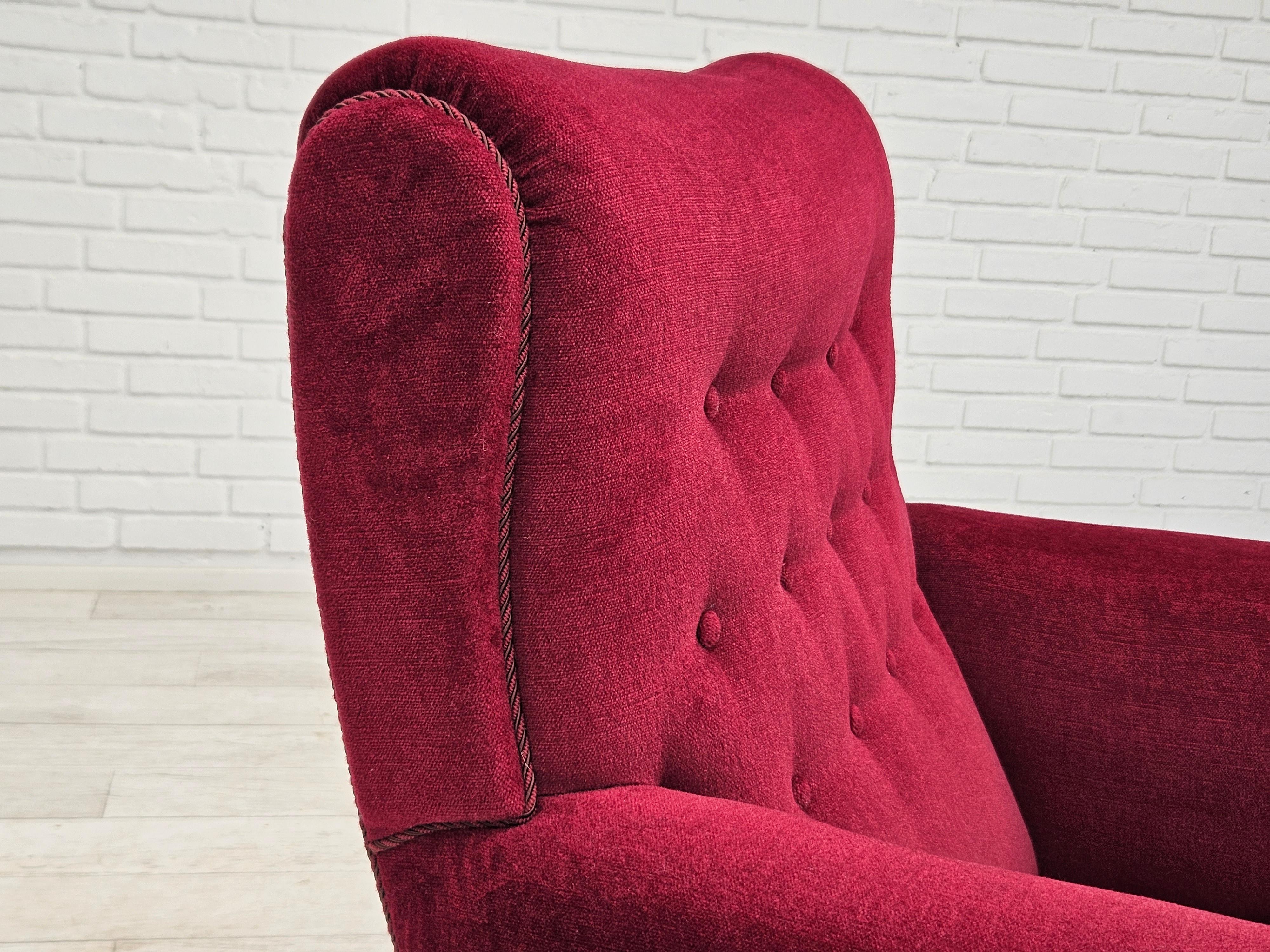 Velvet 1950s, Danish vintage armchair in cherry-red velvet, original condition.
