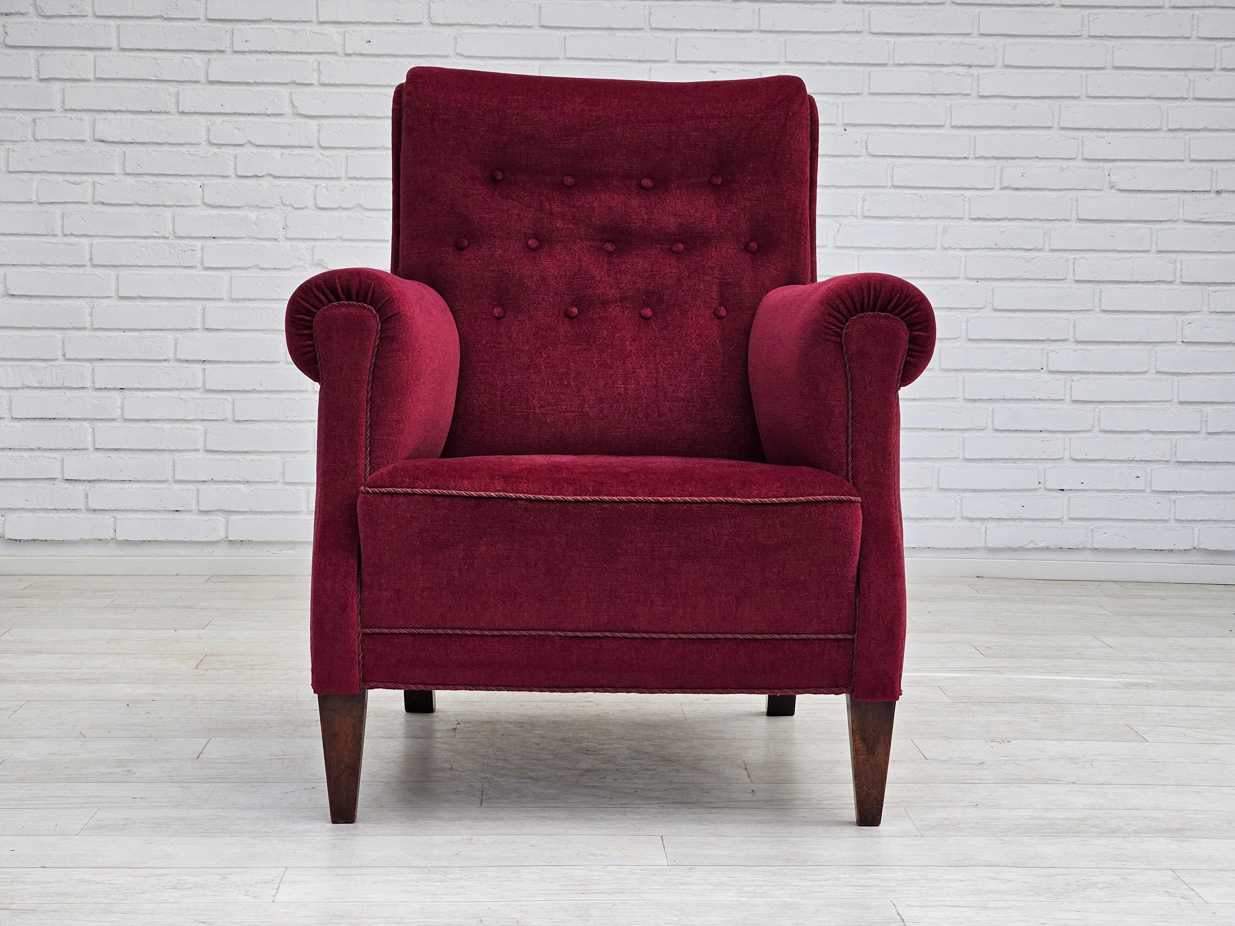 1950s, Danish vintage armchair in cherry-red velvet, original condition. 1
