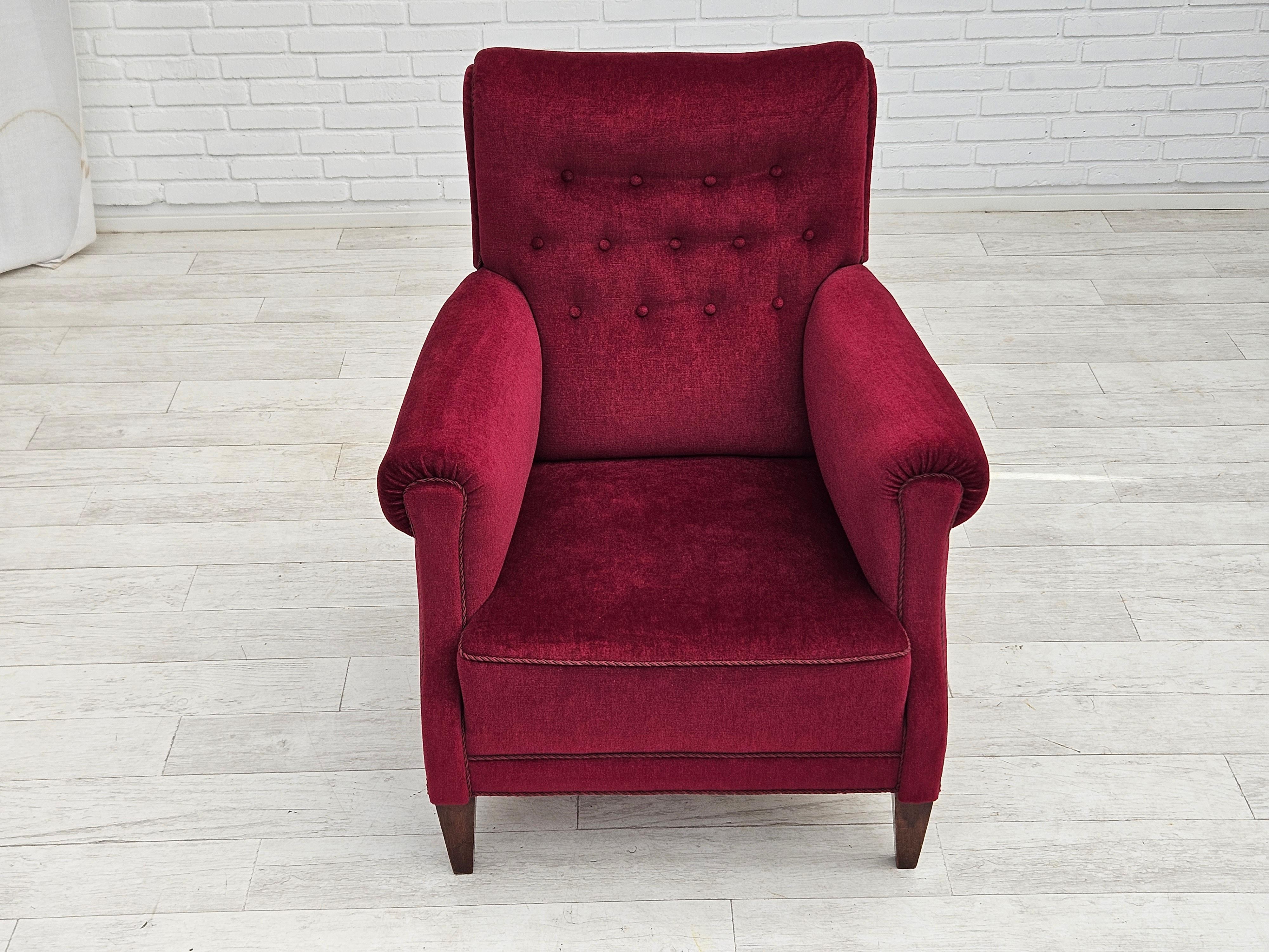 1950s, Danish vintage armchair in cherry-red velvet, original condition. 2