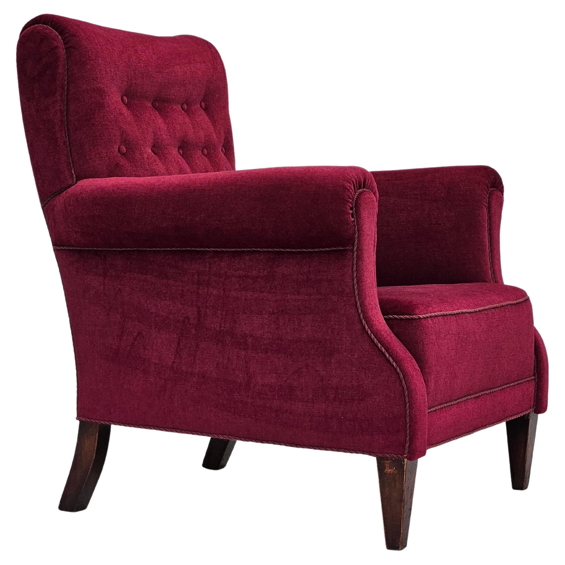 1950s, Danish vintage armchair in cherry-red velvet, original condition.