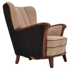 1950s, Danish Used armchair, light brown cotton/wool, oak wood.