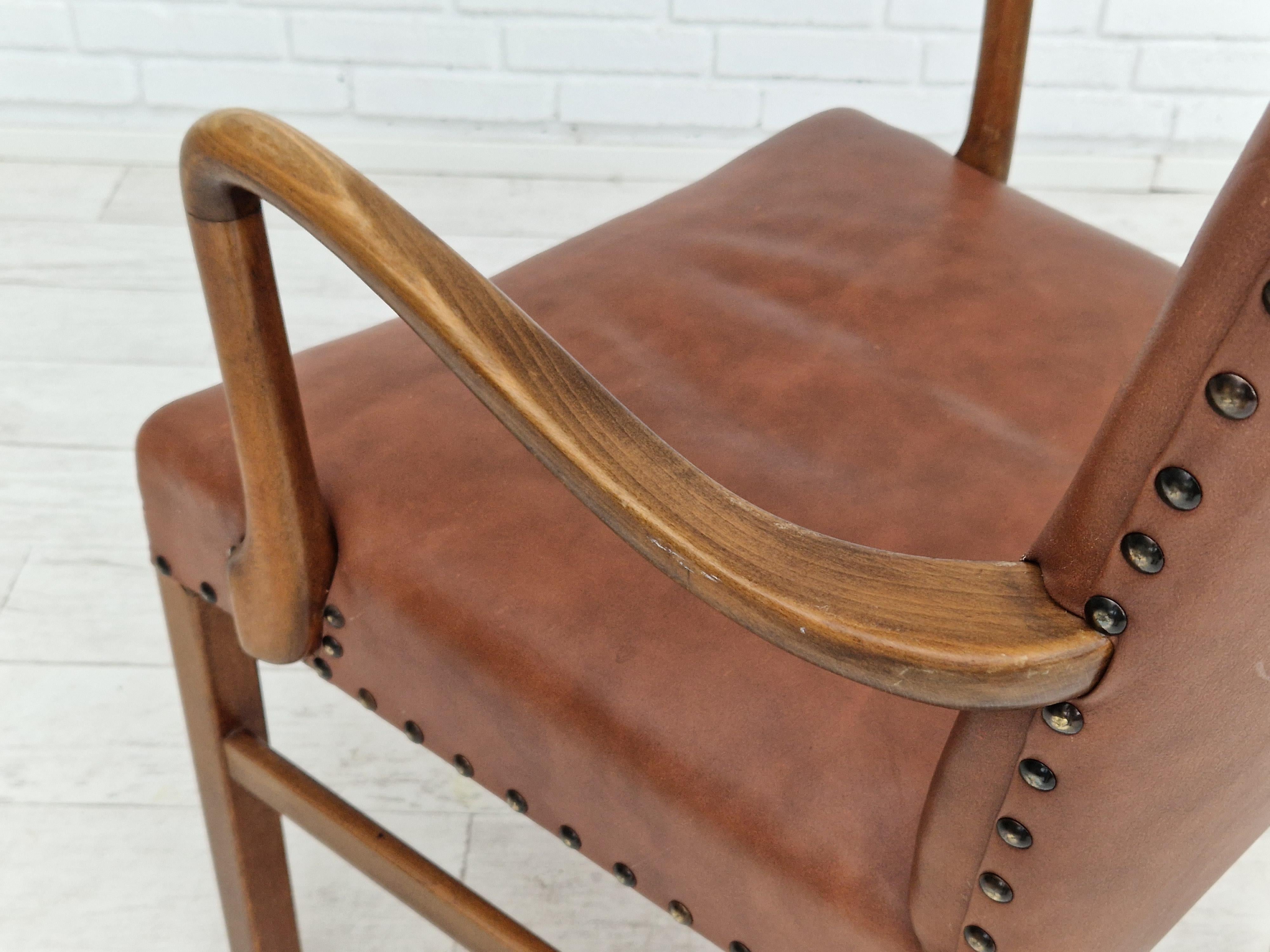 Scandinavian Modern 1950s, Danish Vintage Armchair, Original Condition, Leather, Beechwood