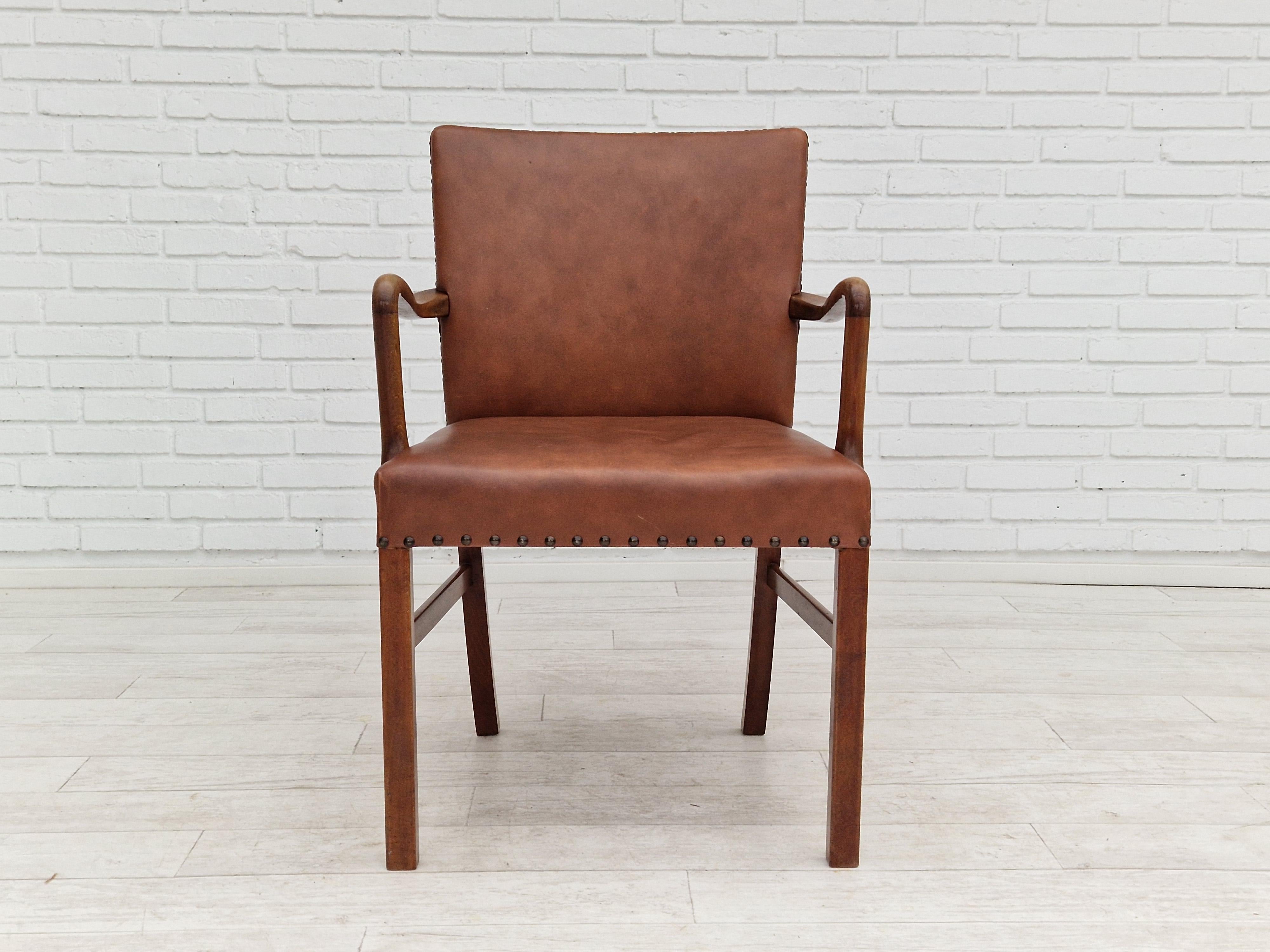 Mid-20th Century 1950s, Danish Vintage Armchair, Original Condition, Leather, Beechwood
