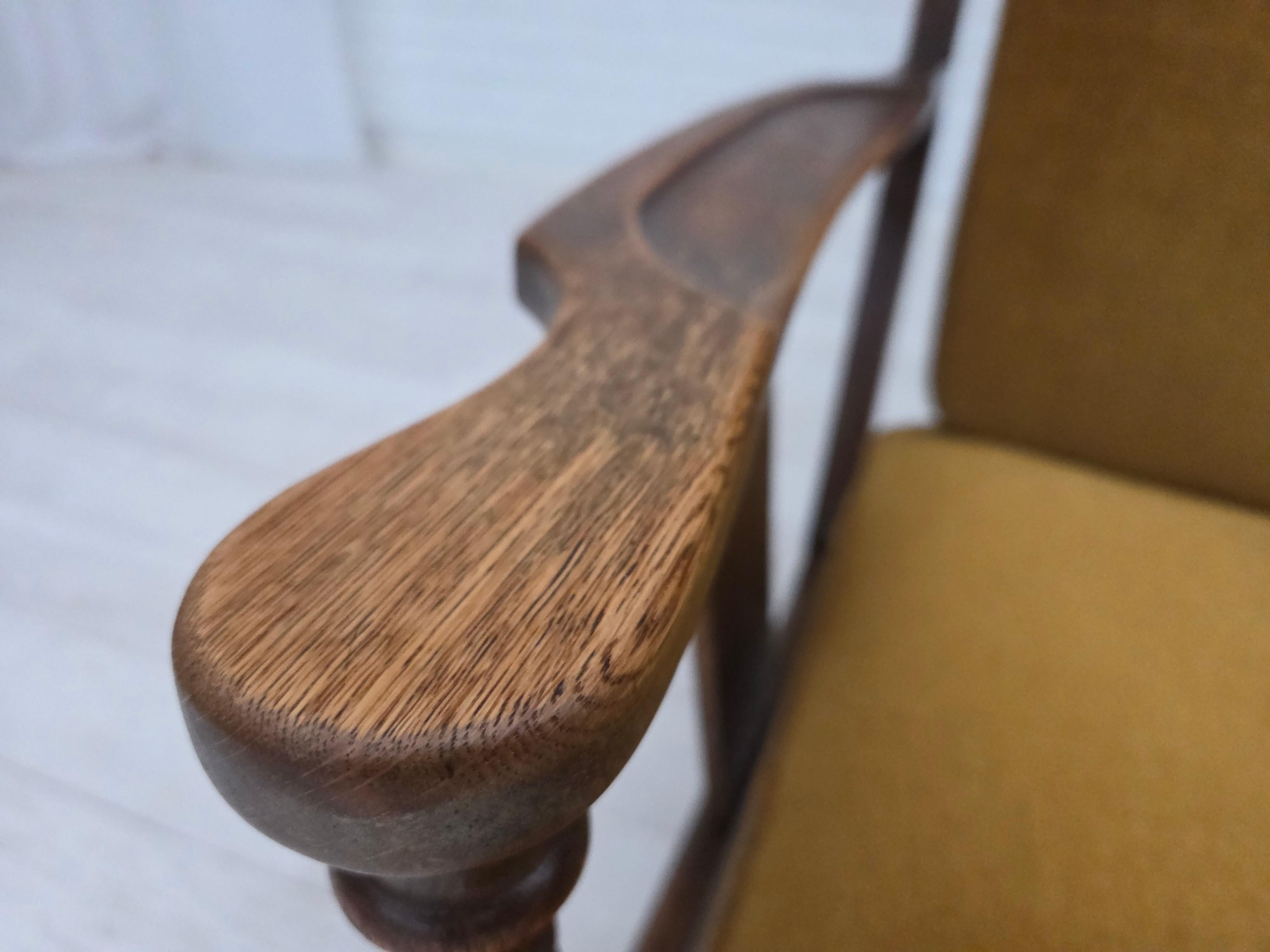 1950s, Danish vintage armchair, original green furniture velour, oak wood. For Sale 9