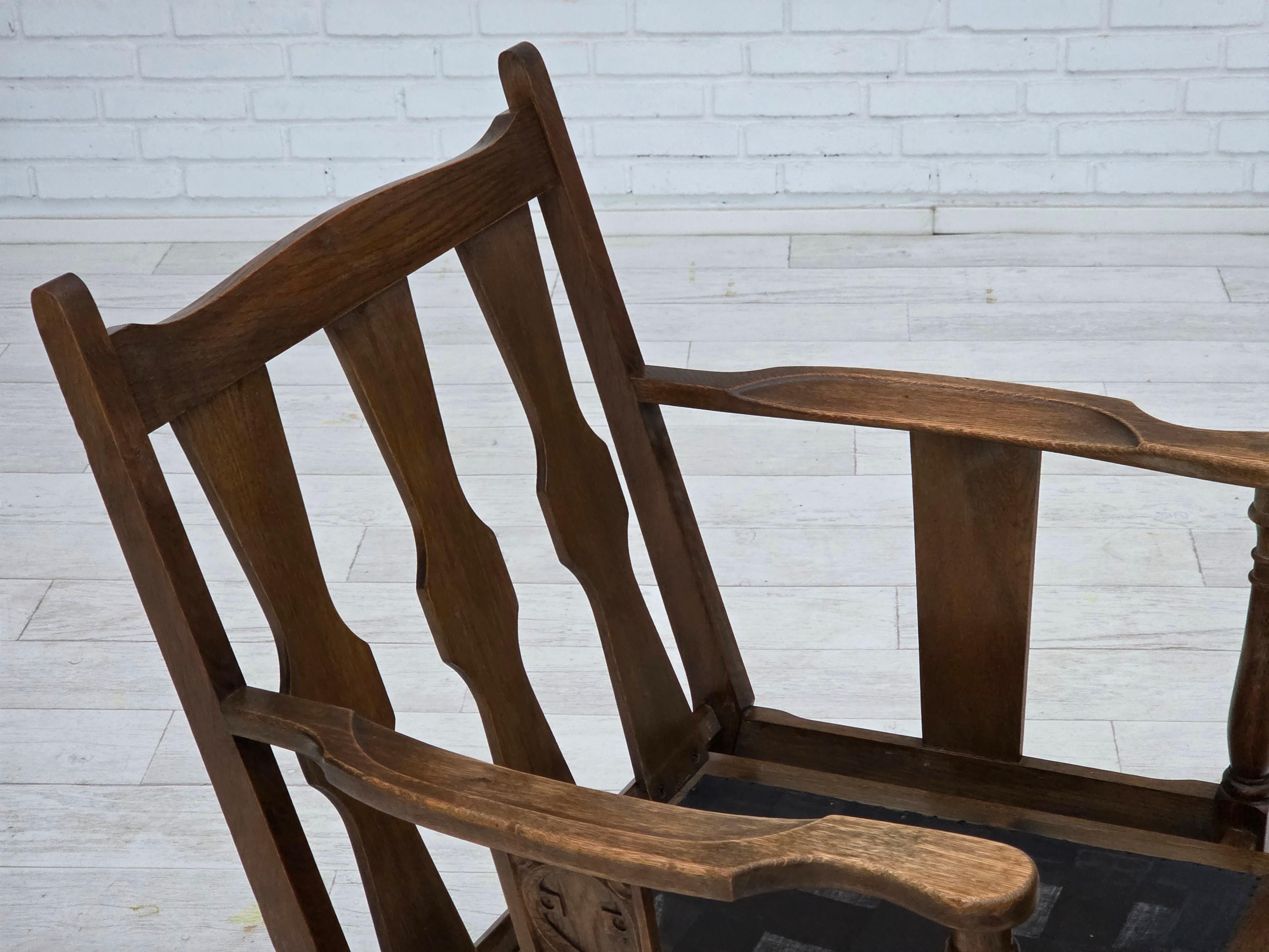 1950s, Danish vintage armchair, original green furniture velour, oak wood. For Sale 11
