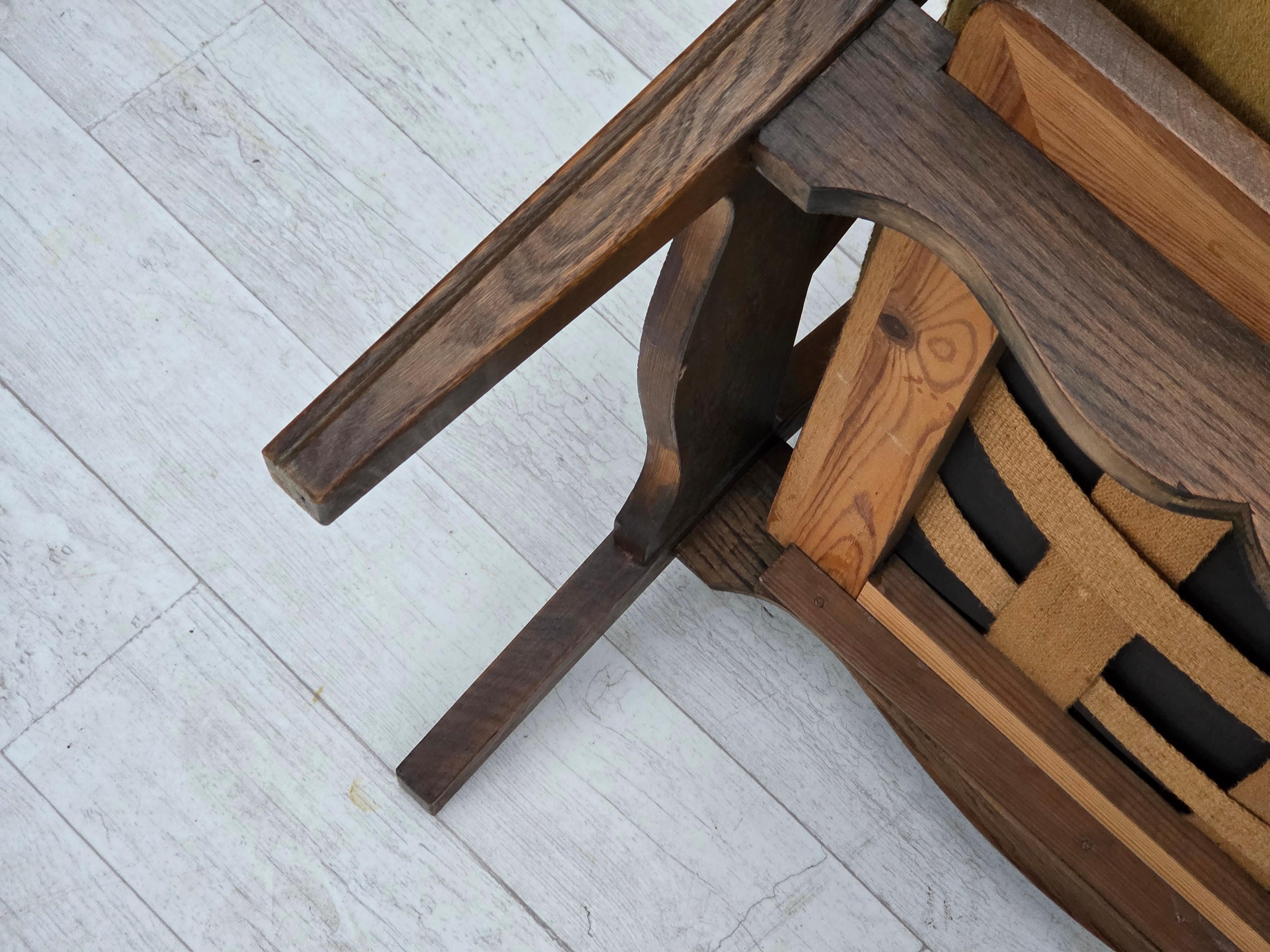1950s, Danish vintage armchair, original green furniture velour, oak wood. For Sale 12