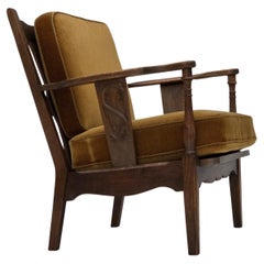 1950s, Danish vintage armchair, original green furniture velour, oak wood.