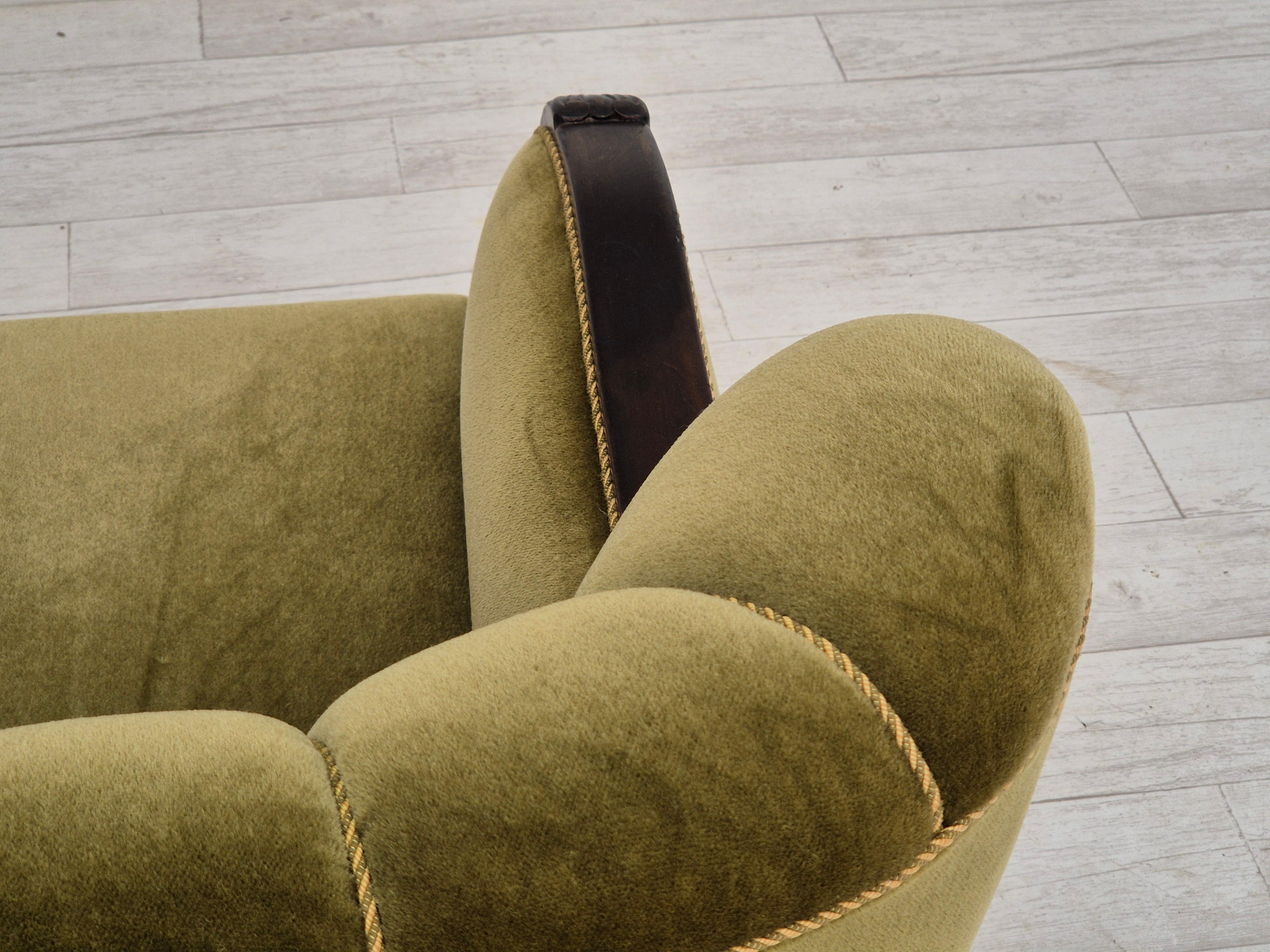 1950s, Danish vintage chair, furniture velour, oak wood. For Sale 4