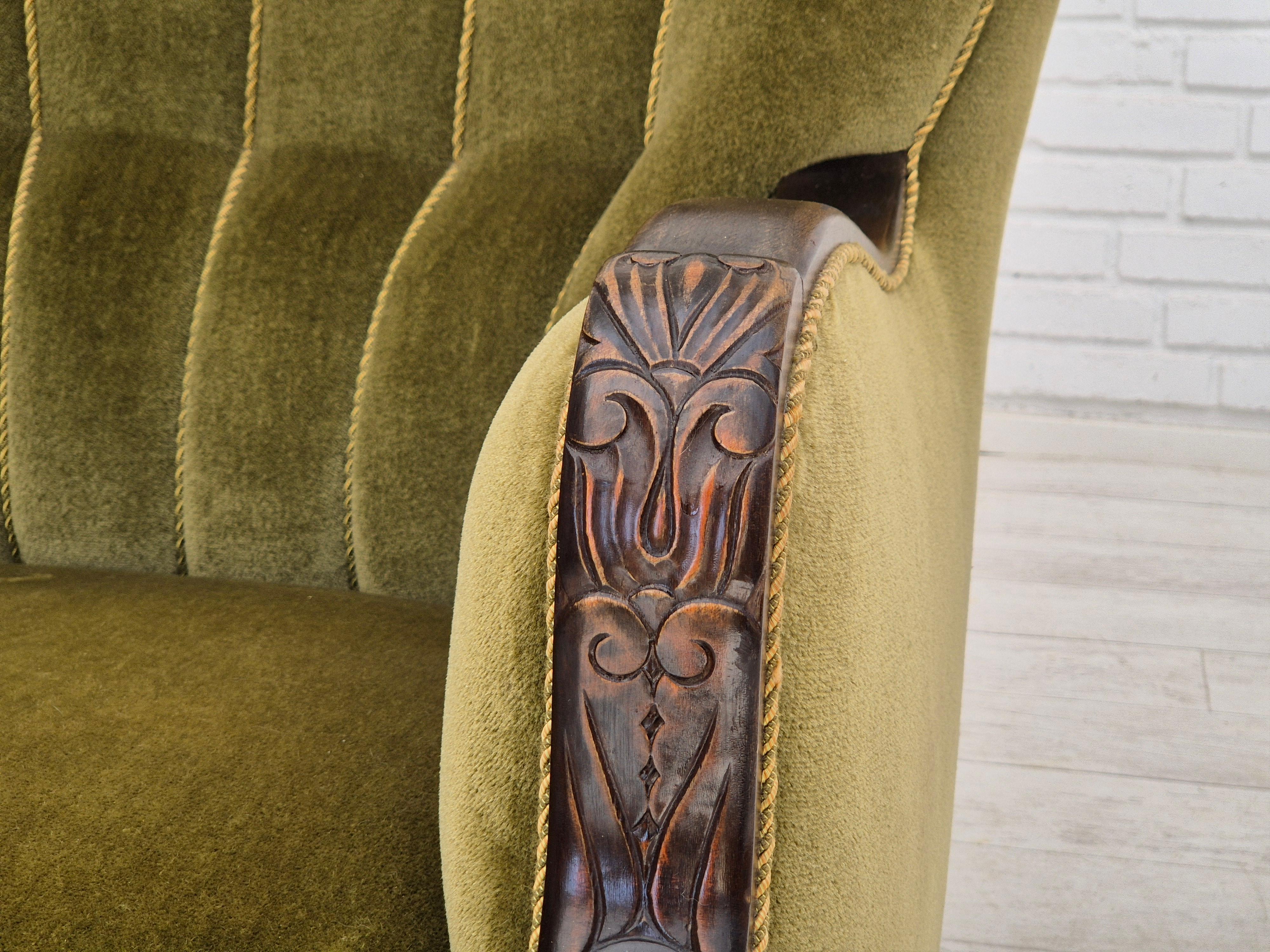 1950s, Danish vintage chair, furniture velour, oak wood. For Sale 9