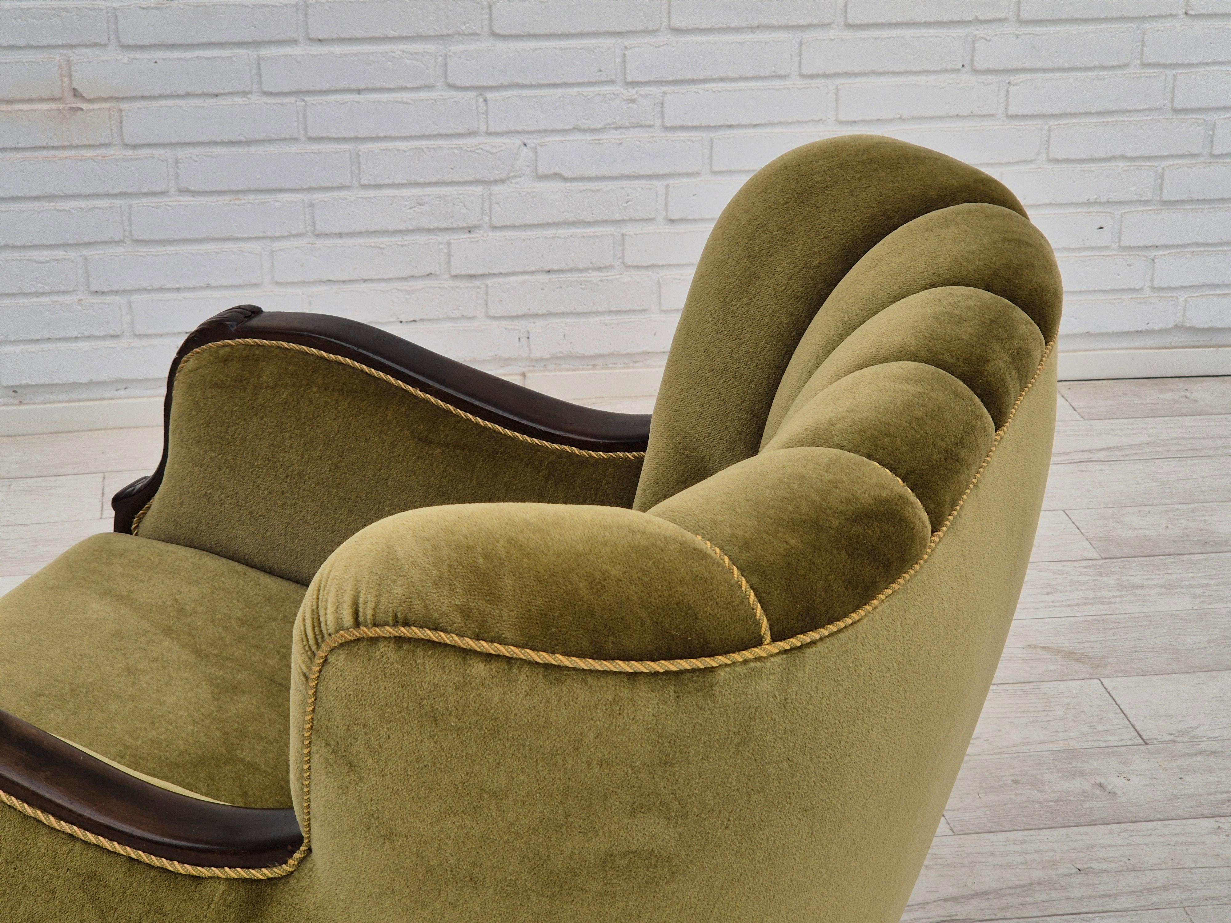 1950s, Danish vintage chair, furniture velour, oak wood. For Sale 10