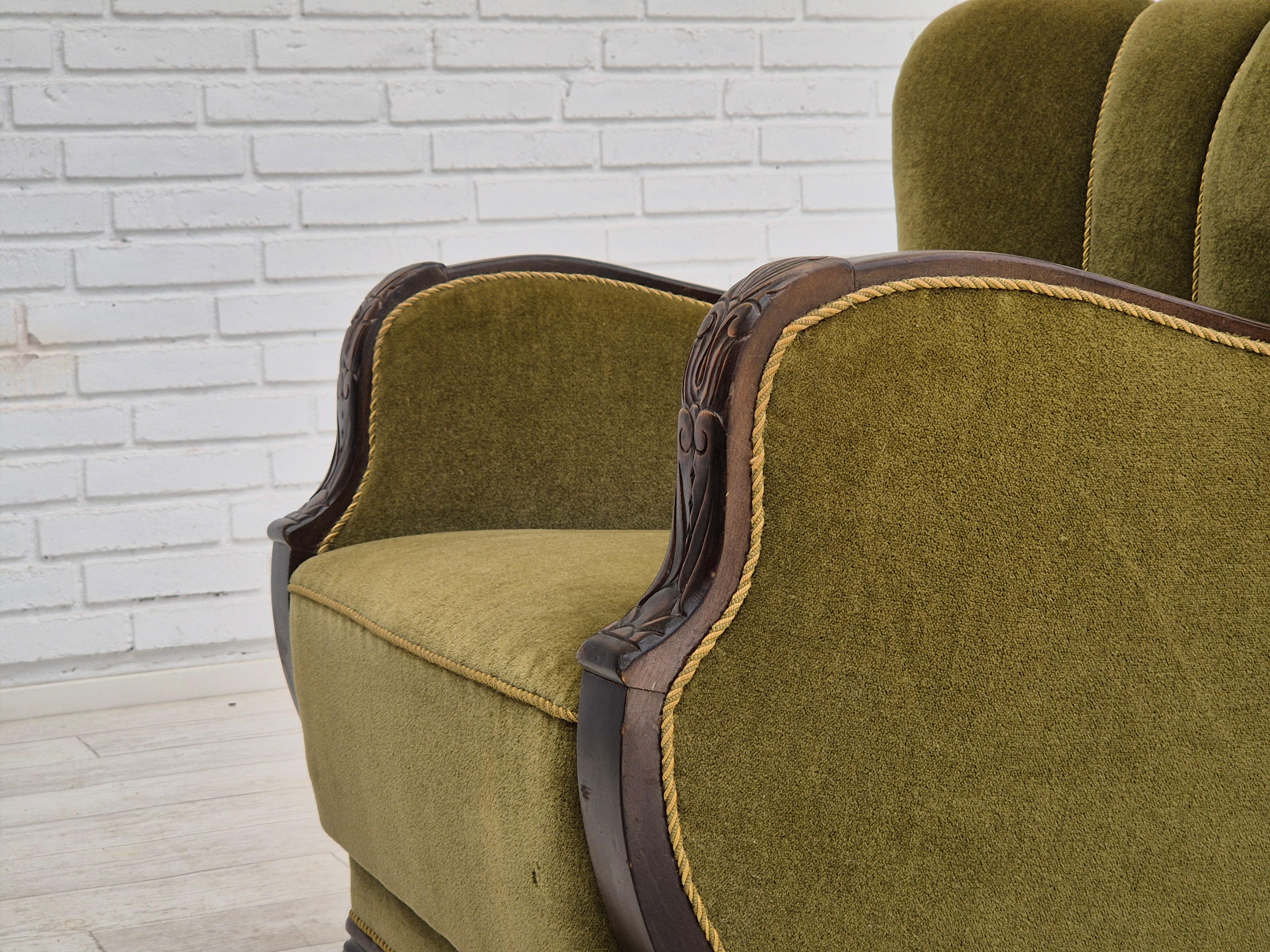 1950s, Danish vintage chair, furniture velour, oak wood. For Sale 11
