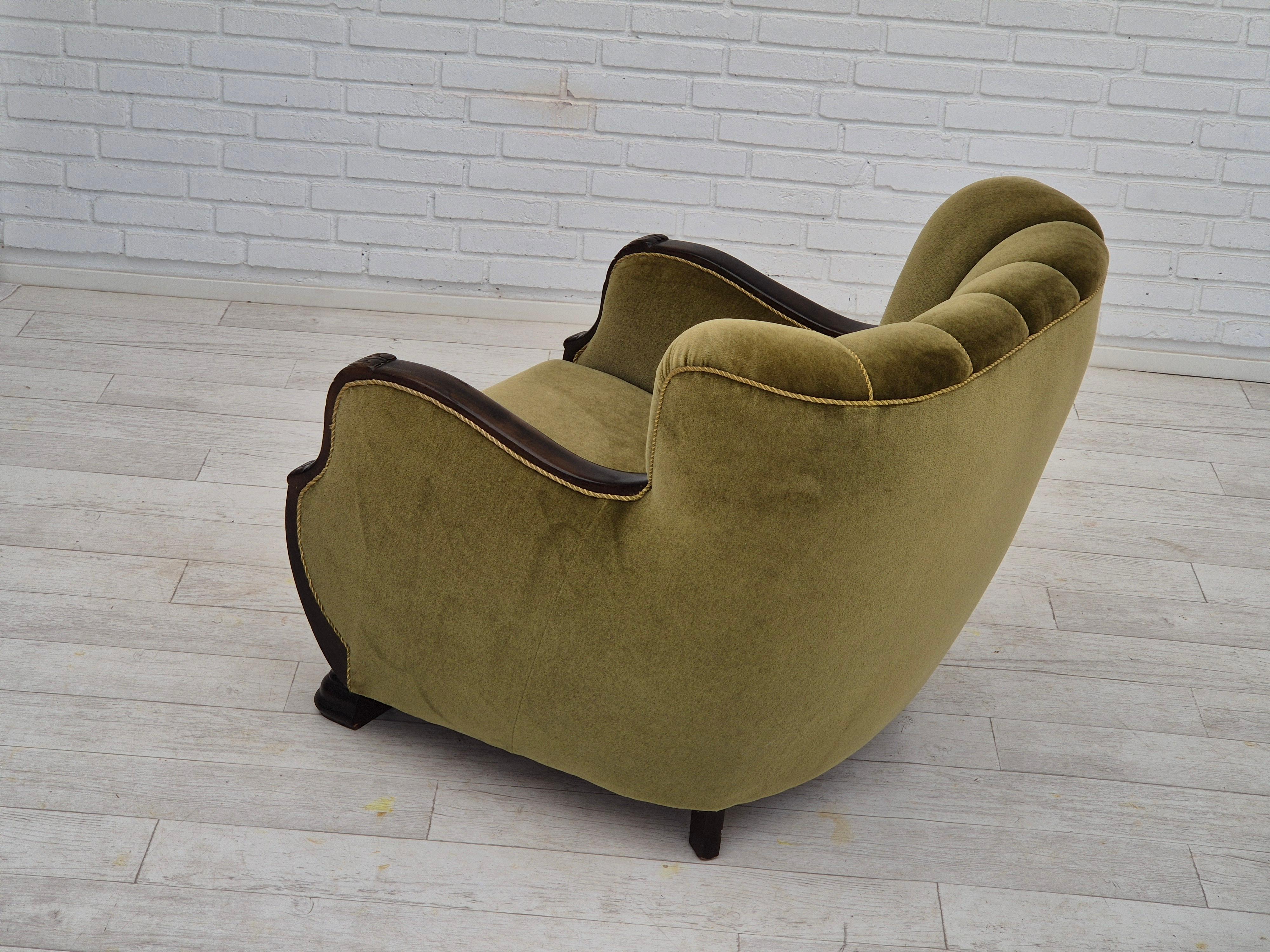 1950s, Danish vintage chair, furniture velour, oak wood. For Sale 13