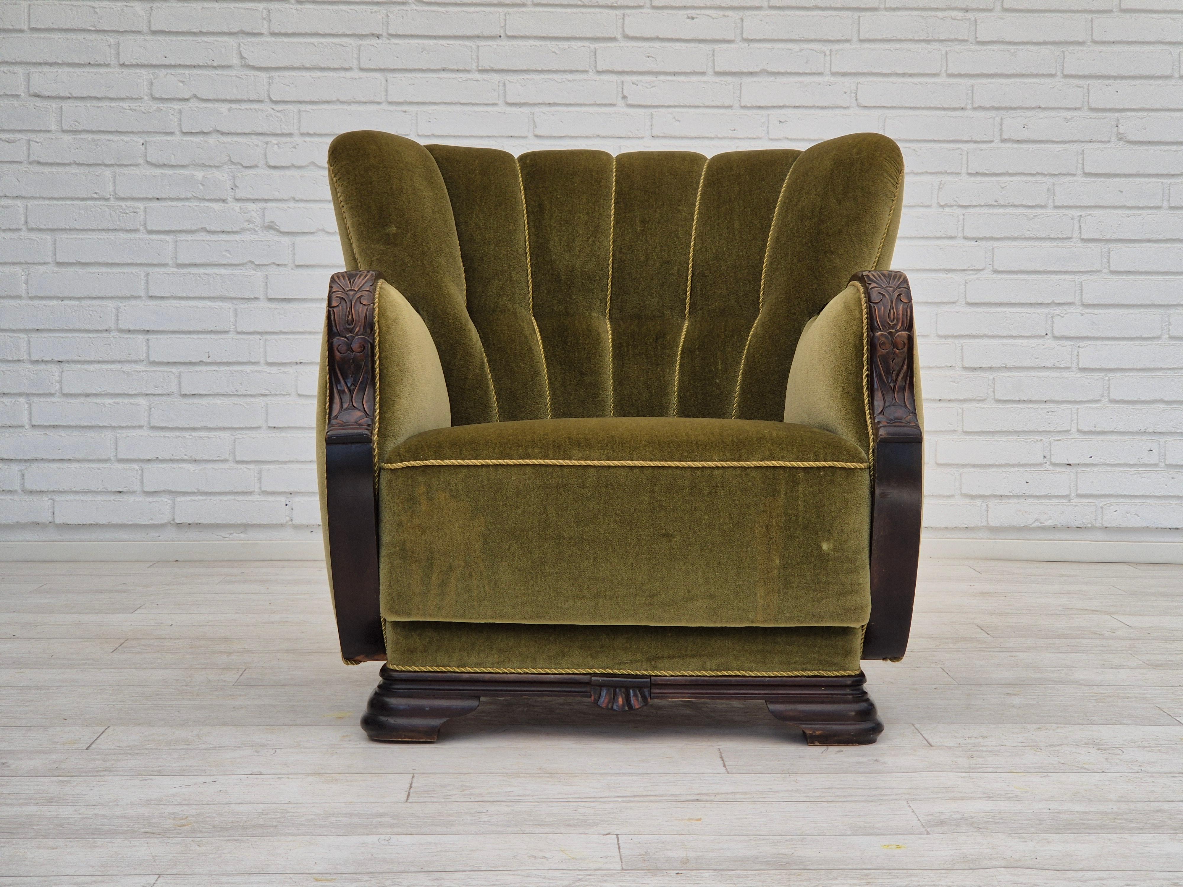 1950s, Danish handcrafted armchair in original very good condition: no smells and no stains. Original green furniture velour, oak wood. Brass springs in the seat. Manufactured by Danish furniture maker in about 1955-60s.