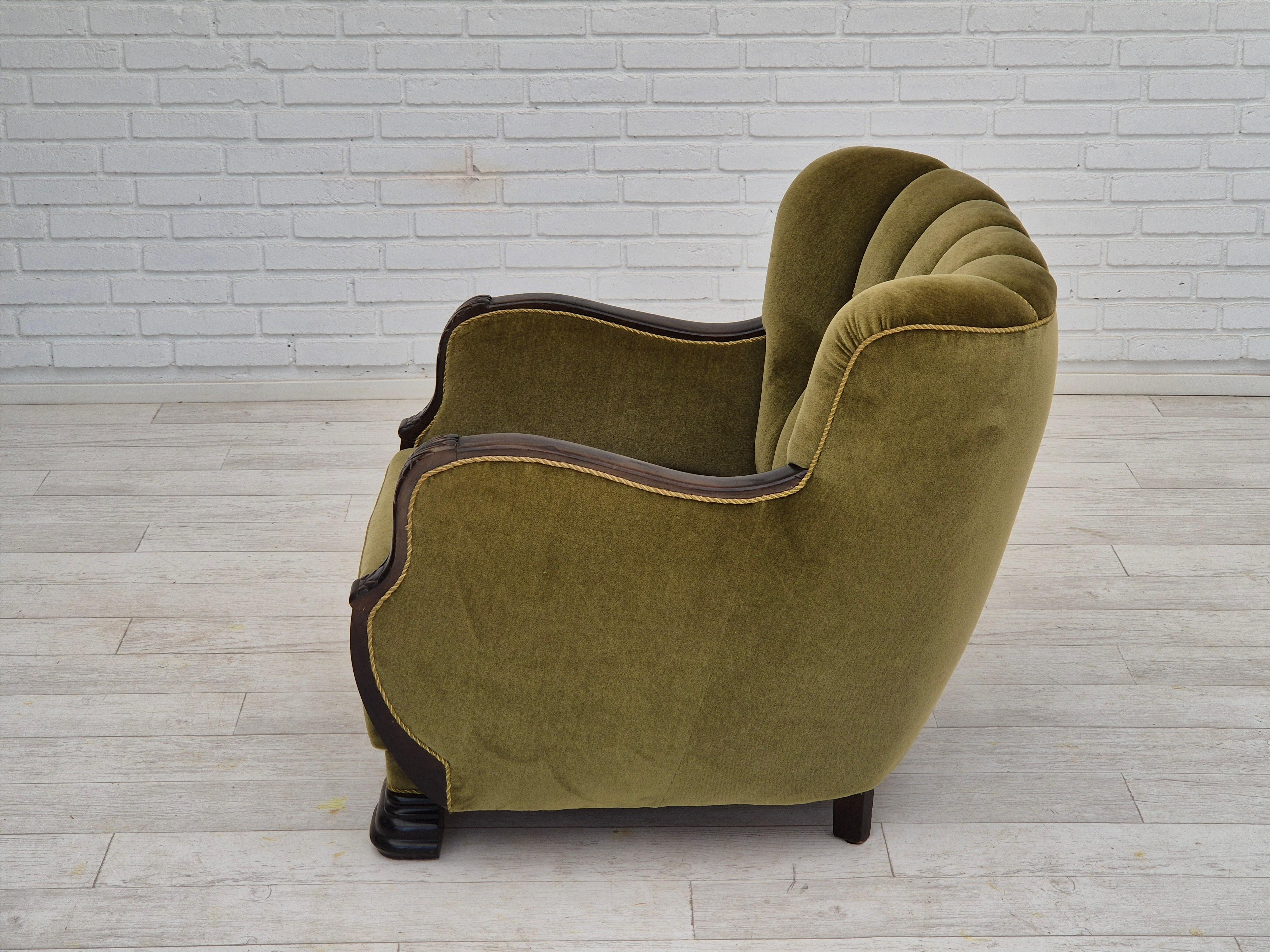 1950s, Danish vintage chair, furniture velour, oak wood. For Sale 14