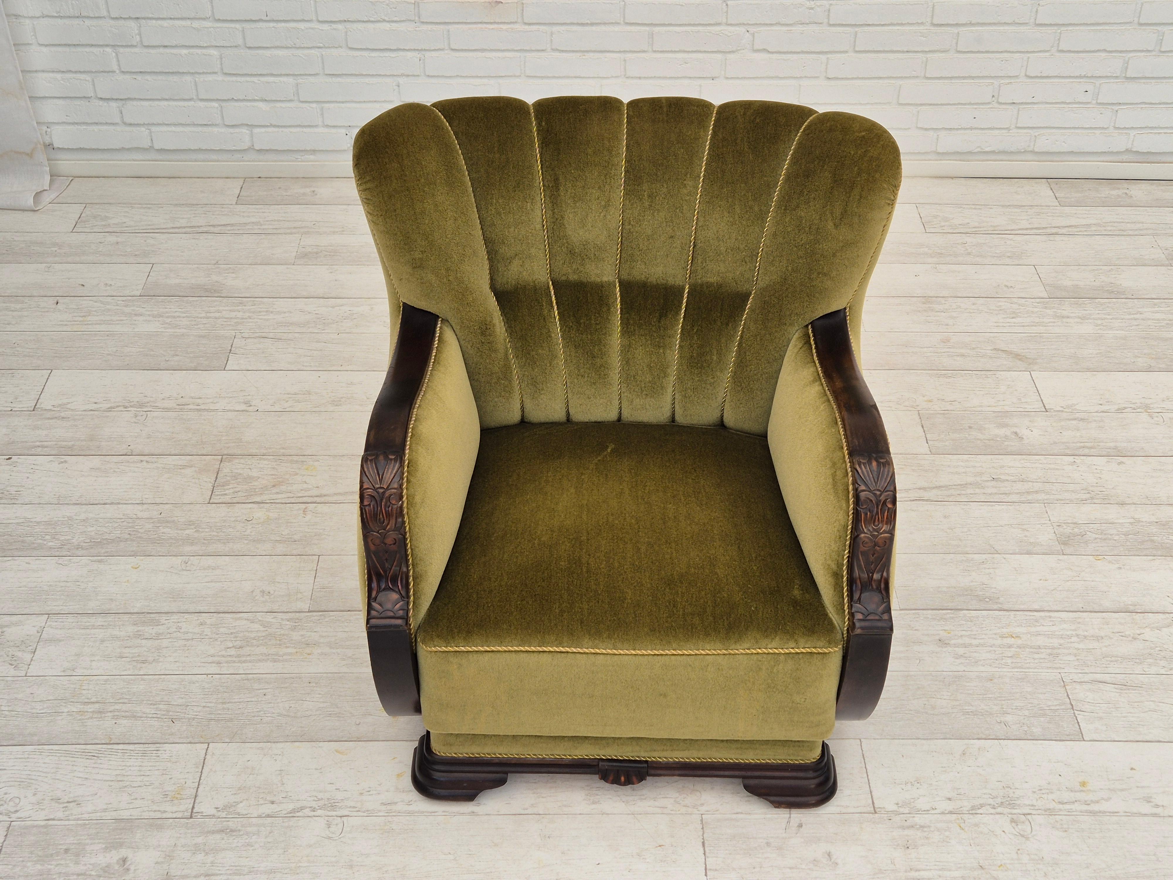 Scandinavian Modern 1950s, Danish vintage chair, furniture velour, oak wood. For Sale