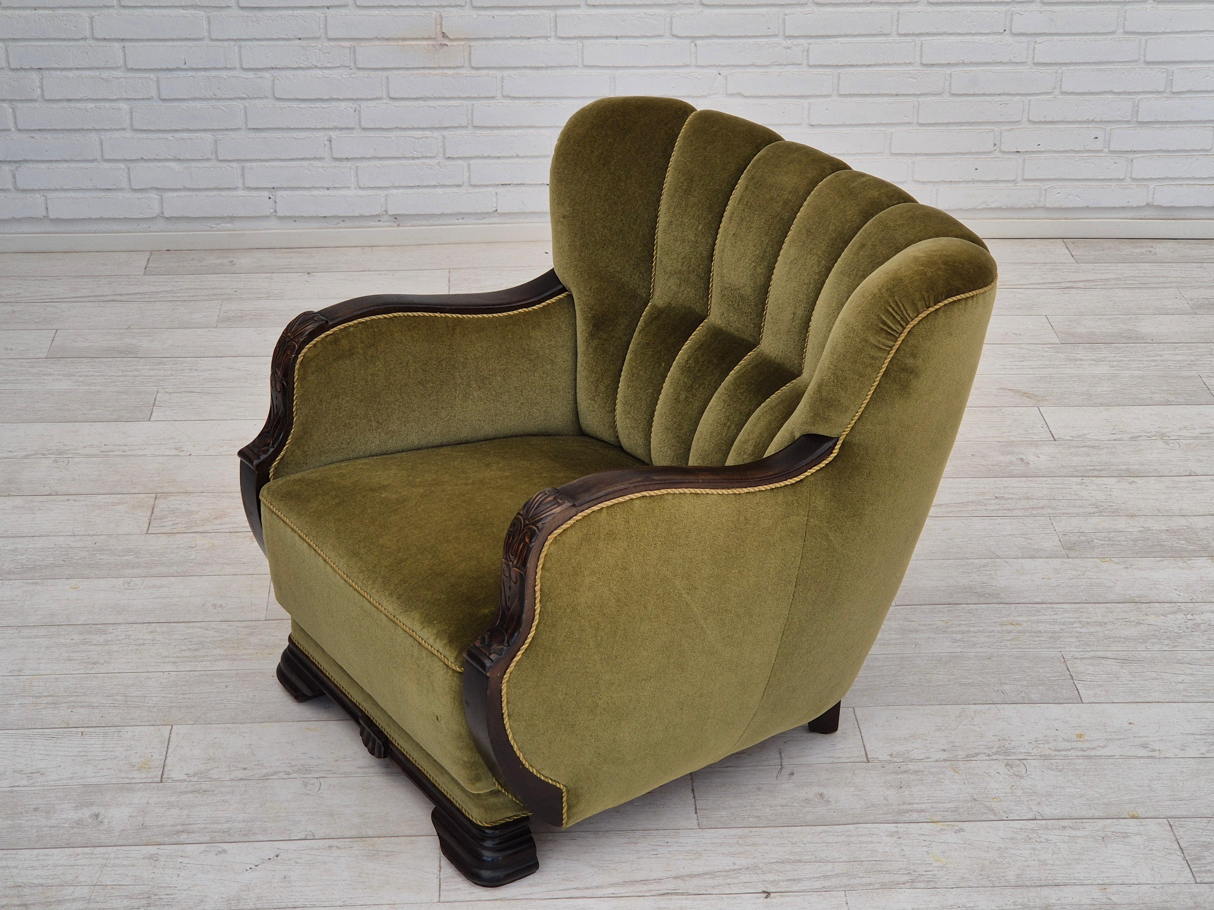 Mid-20th Century 1950s, Danish vintage chair, furniture velour, oak wood. For Sale