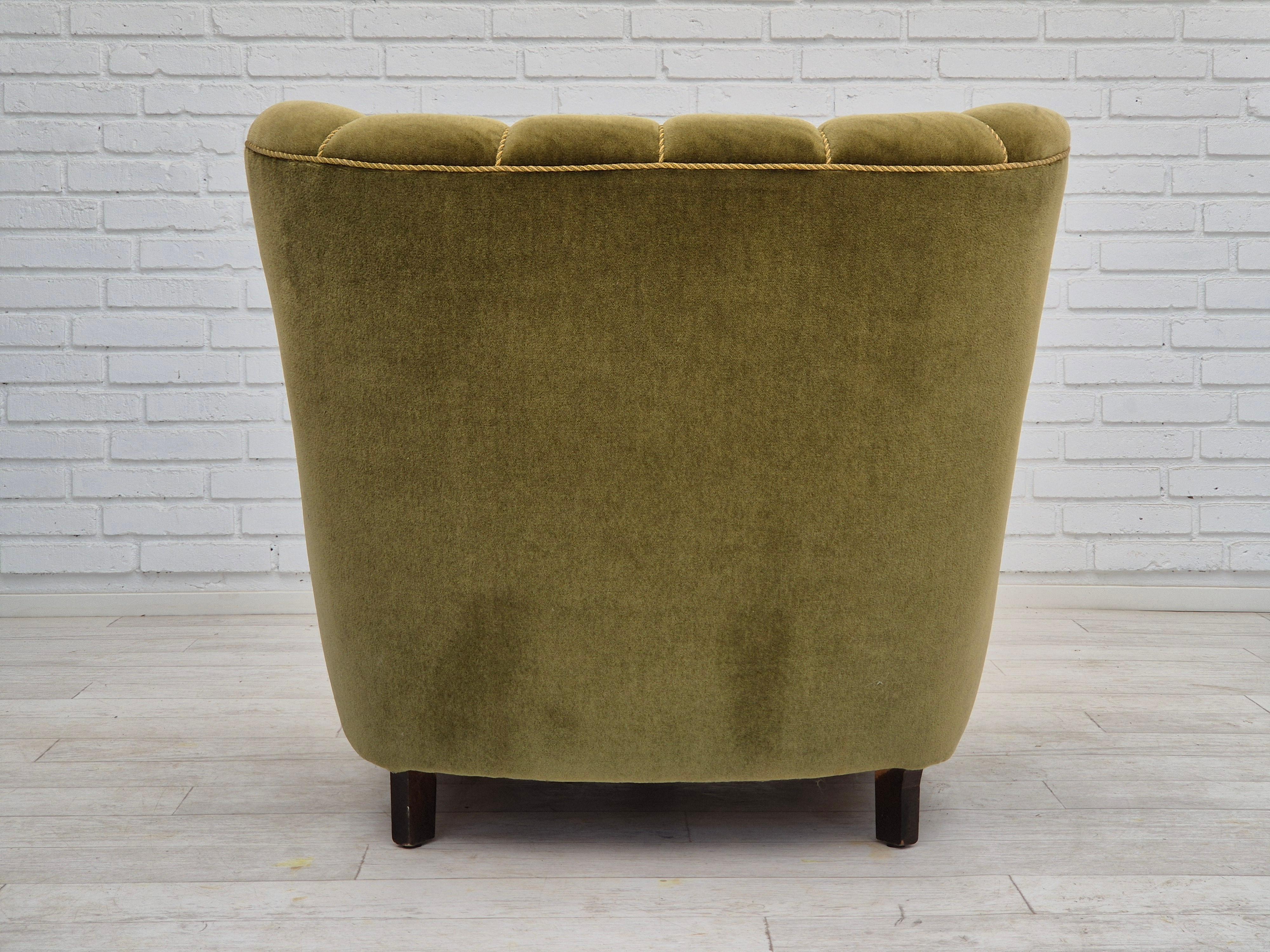 Velvet 1950s, Danish vintage chair, furniture velour, oak wood. For Sale