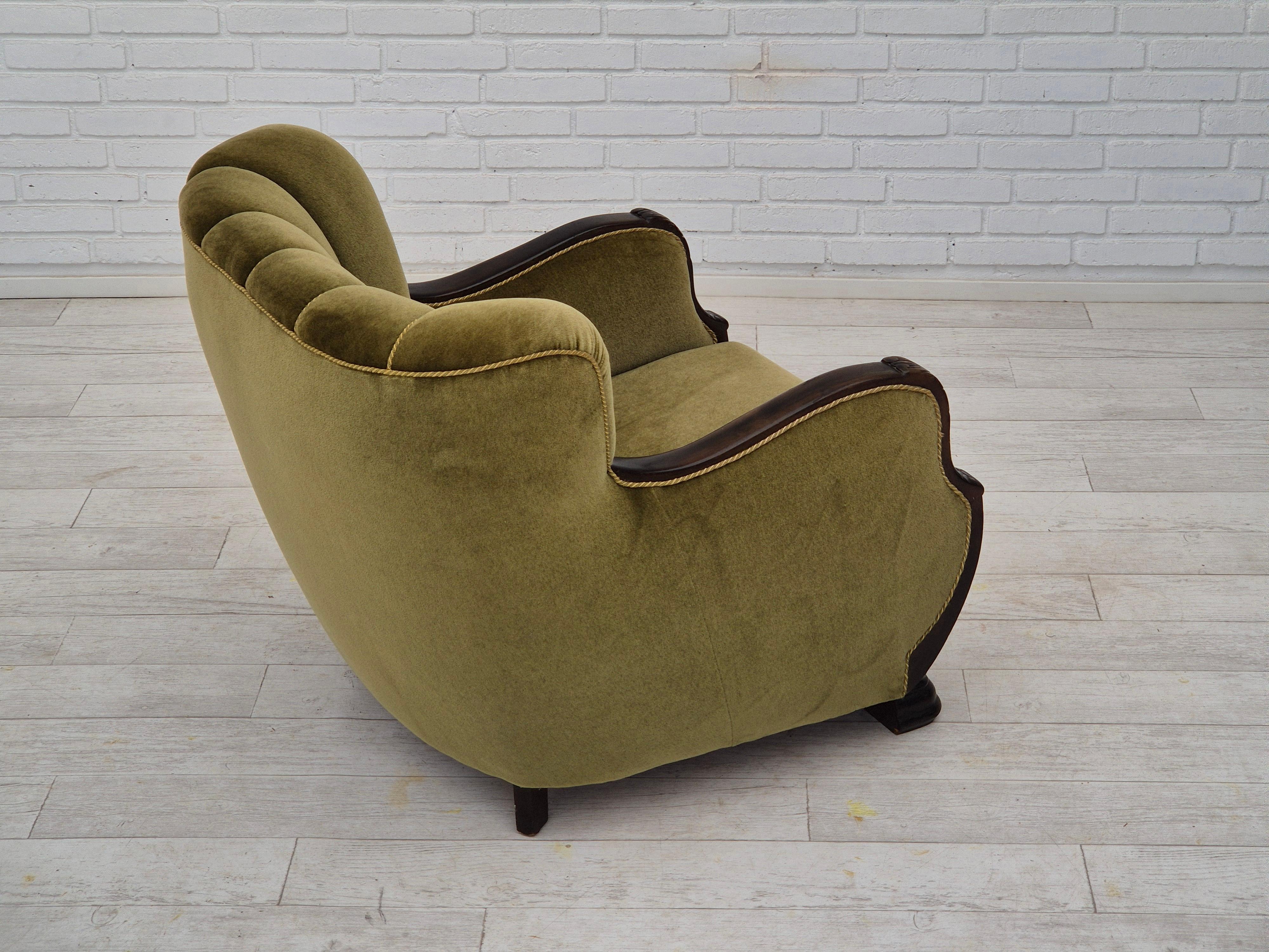 1950s, Danish vintage chair, furniture velour, oak wood. For Sale 1