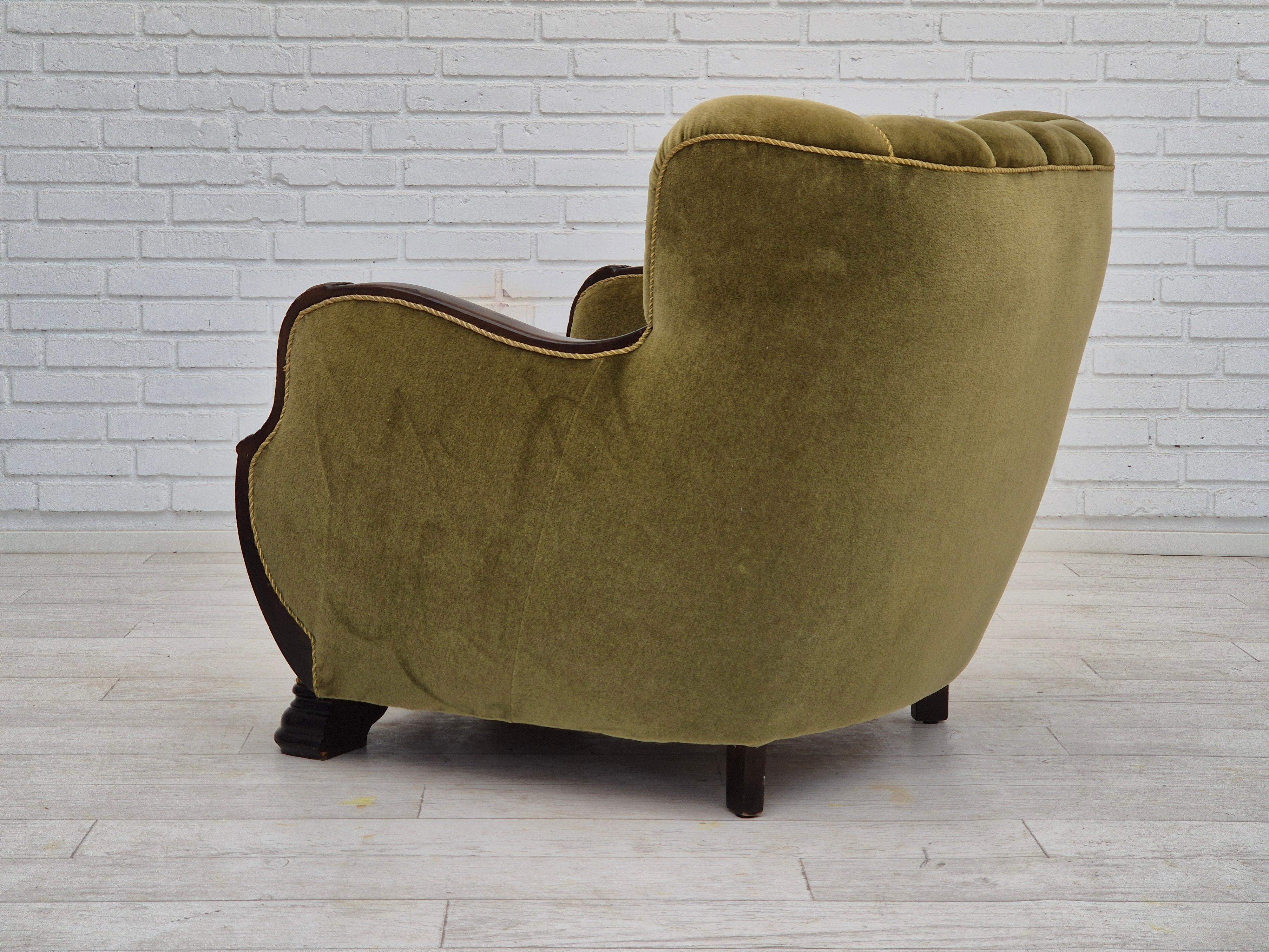 1950s, Danish vintage chair, furniture velour, oak wood. For Sale 2