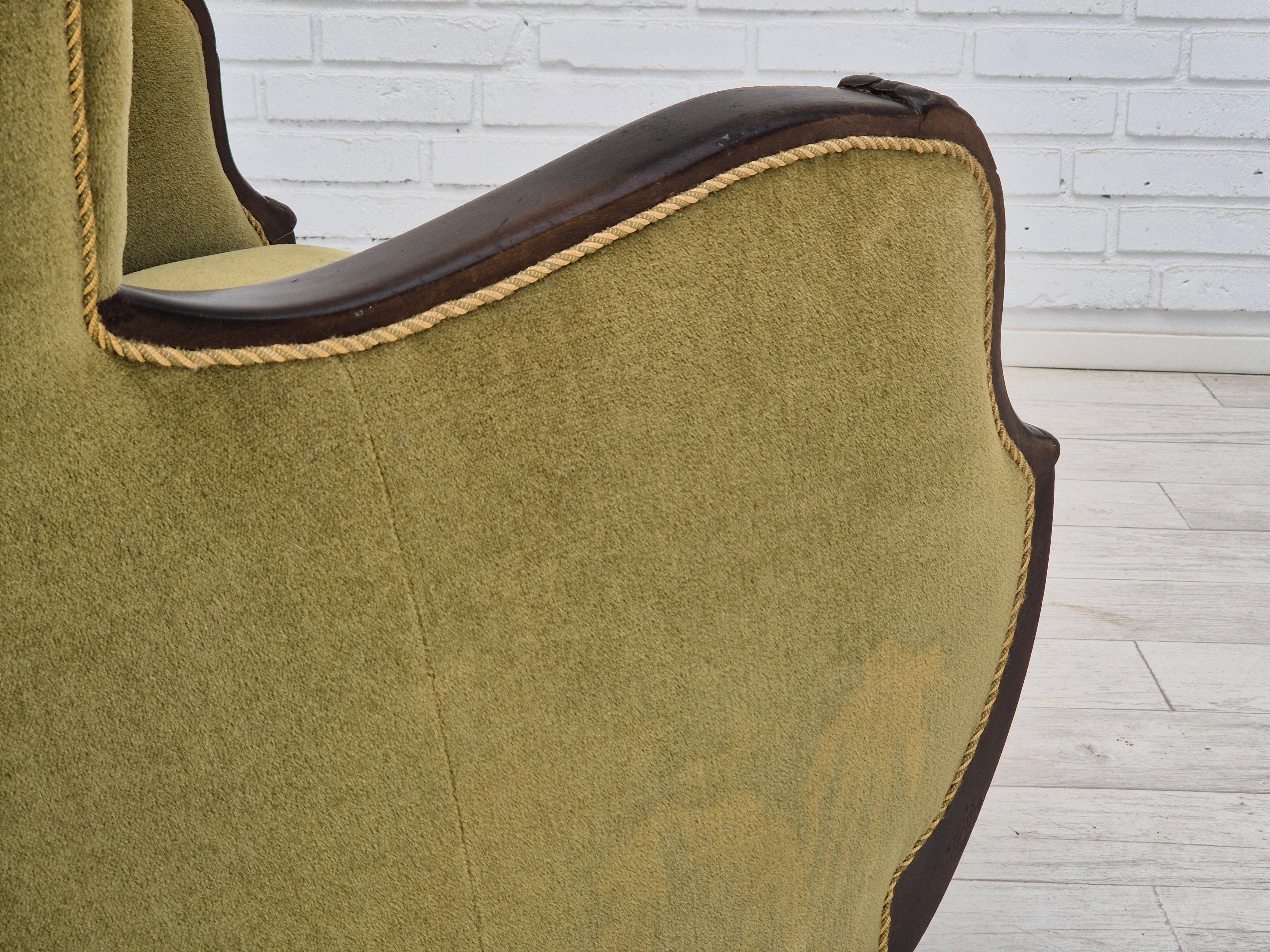 1950s, Danish vintage chair, furniture velour, oak wood. For Sale 3