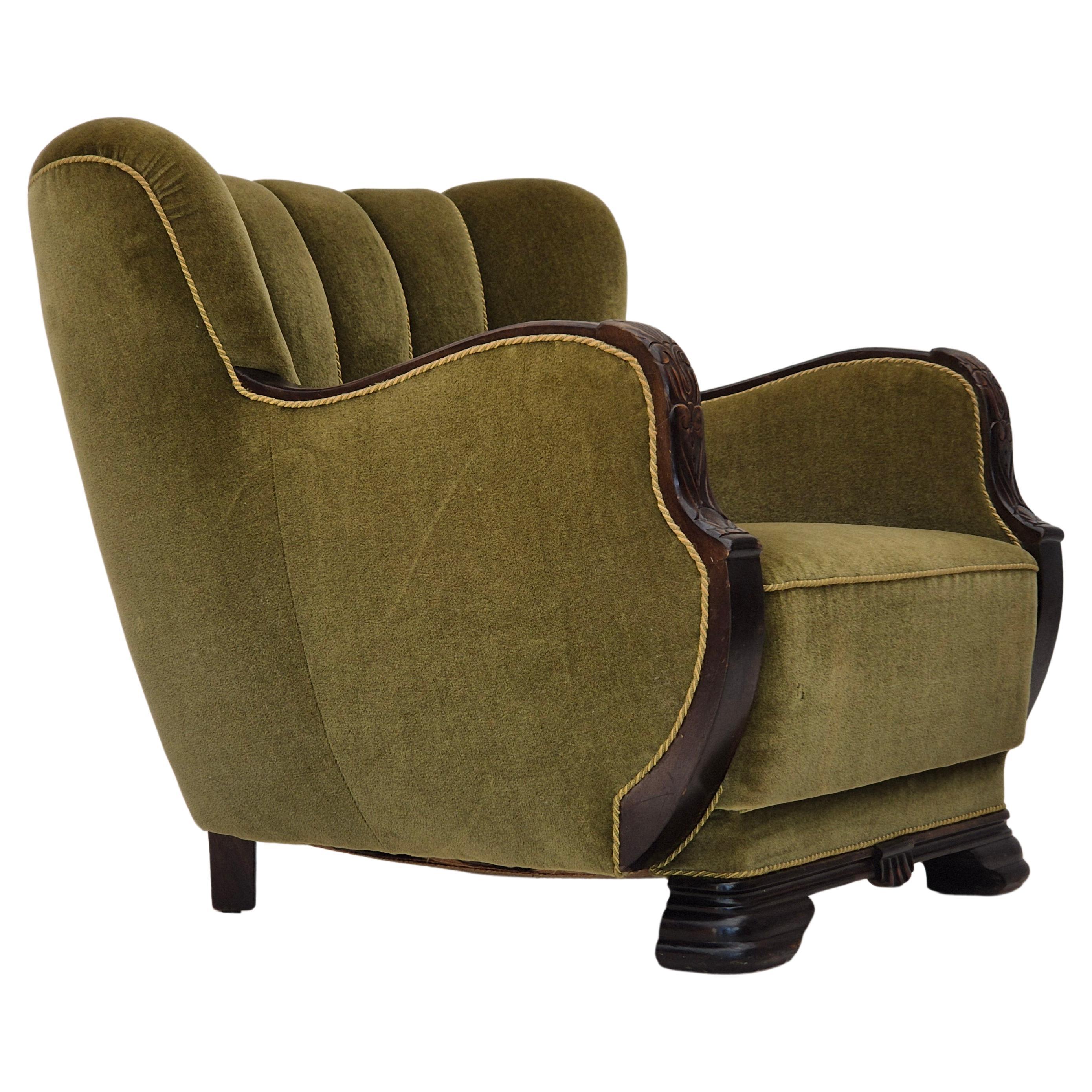 1950s, Danish vintage chair, furniture velour, oak wood.