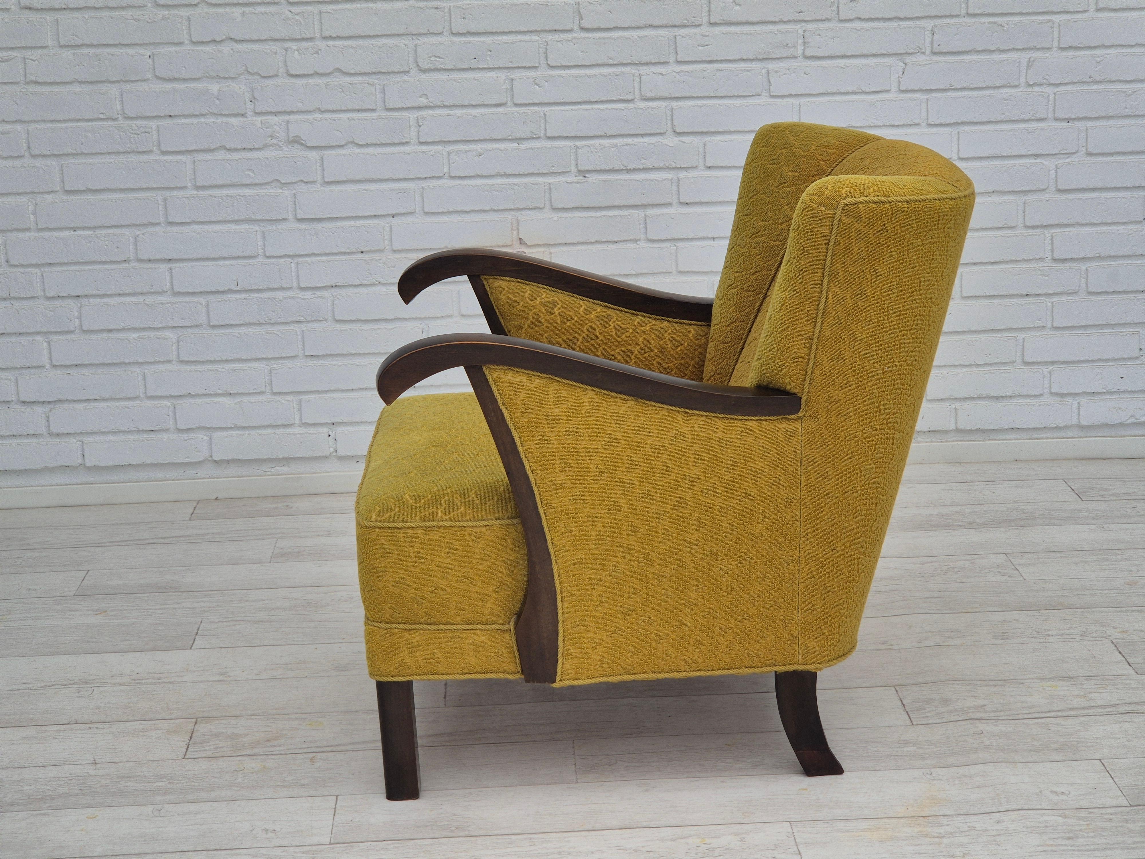 1950s, Danish vintage chair, light green wool fabric, beech wood. For Sale 7