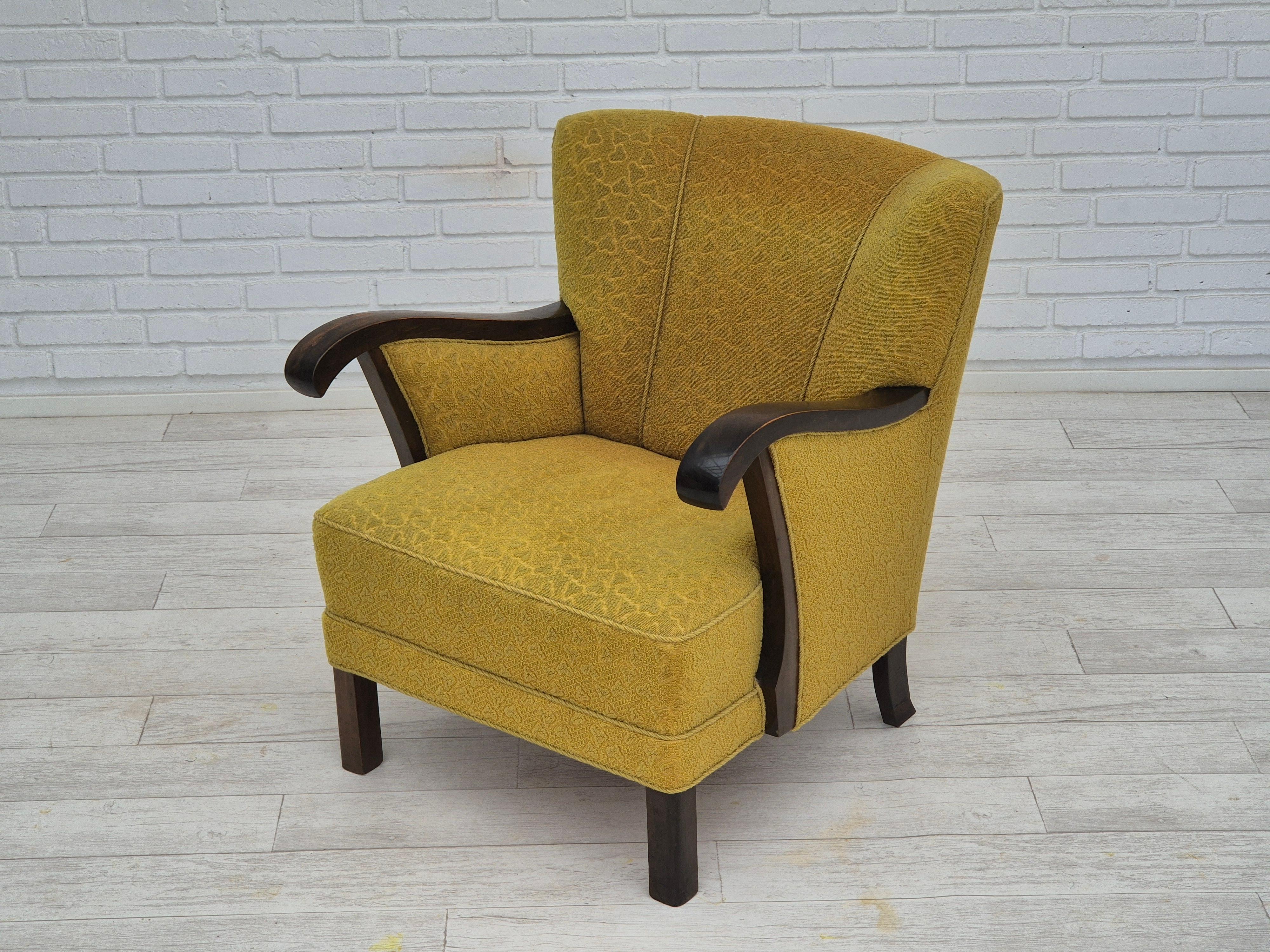 1950s, Danish vintage chair, light green wool fabric, beech wood. For Sale 9