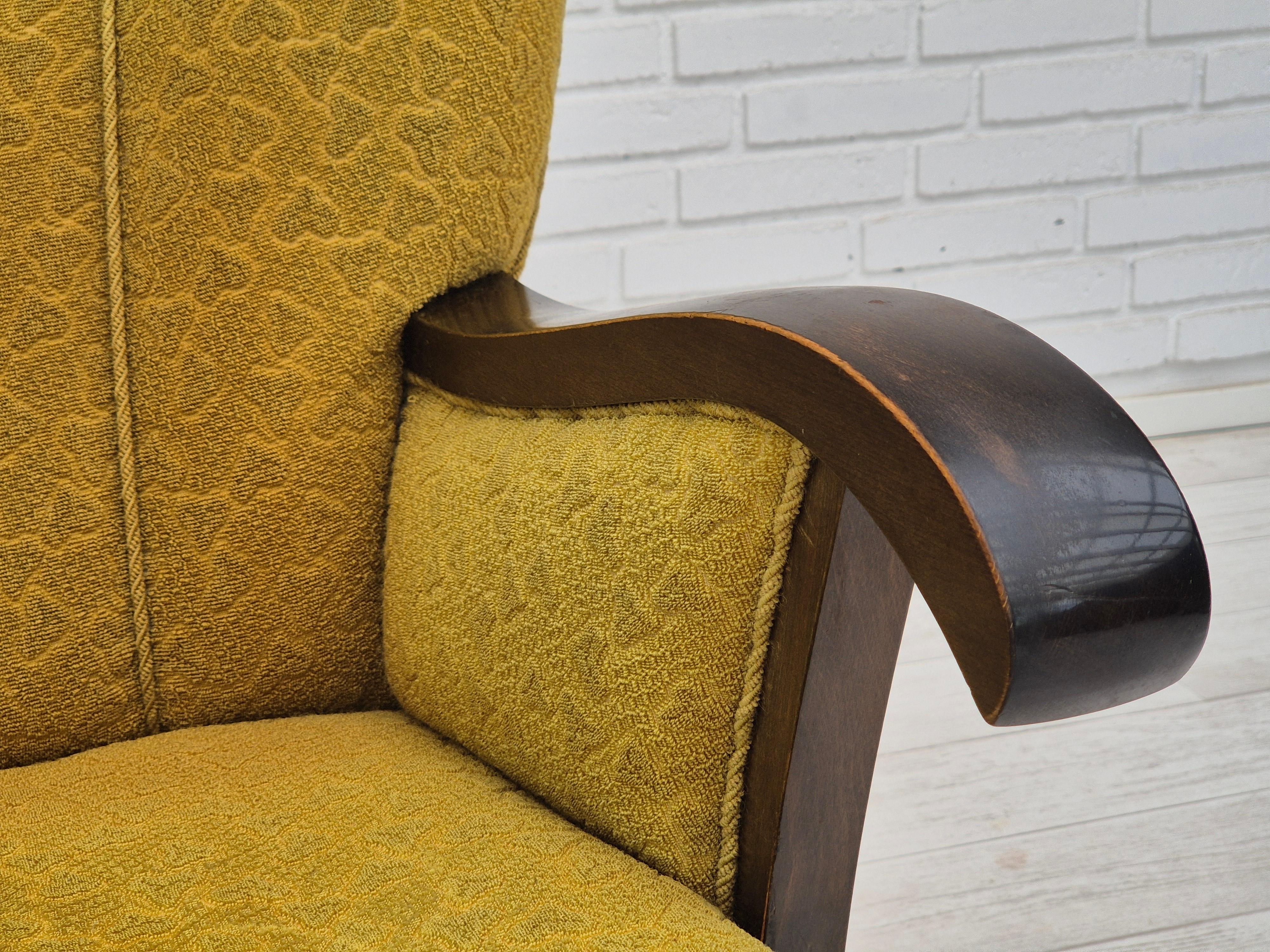 1950s, Danish vintage chair, light green wool fabric, beech wood. For Sale 13