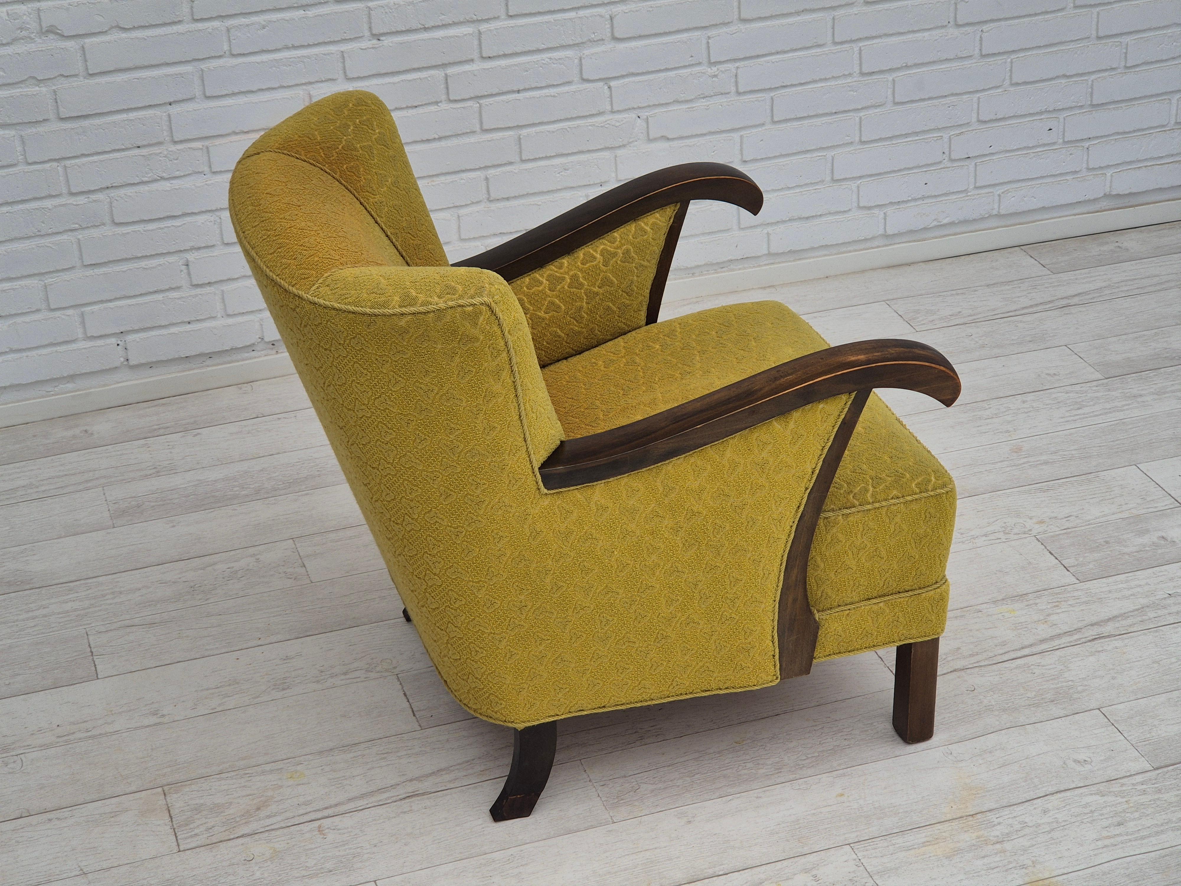 1950s, Danish vintage chair, light green wool fabric, beech wood. For Sale 14